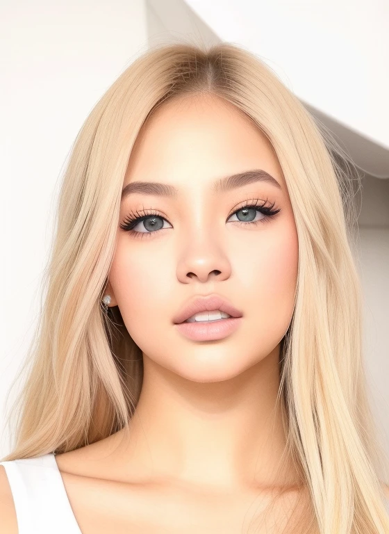 Mujer rubia con ojos azules y una camiseta blanca posando para una foto., Cara como Ester Exposito, Ava Max, long cabello rubio y ojos grandes, cabello rubio y ojos grandes, Jennie de Blackpink Cabello largo y rubio y ojos grandes, Modelo de cara perfecta, asian appearance, Retrato de jennie de Blackpink