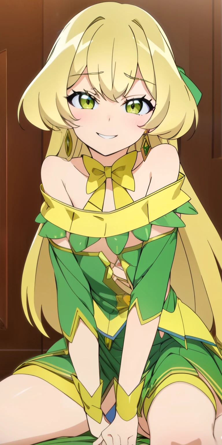 teles, (masterpiece), best quality,  earrings, jewelry, blonde hair, long hair, green eyes, 1girl, looking at viewer, closed mouth,  naked body, bow, solo, bare shoulders, bangs, yellow bow, green dress(mini skirt),  provocative pose, wicked smile , petite, waruochi