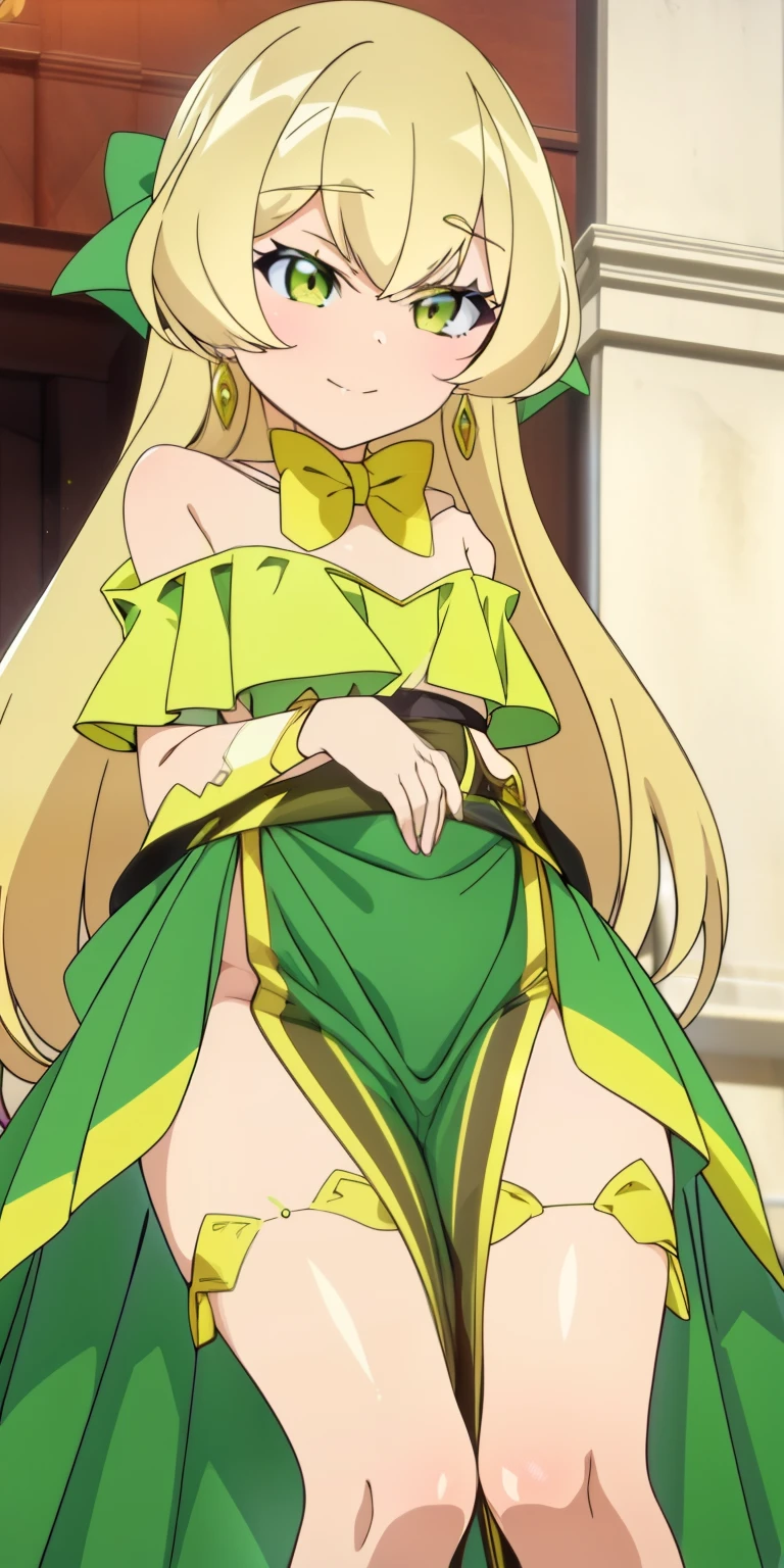 teles, (masterpiece), best quality,  earrings, jewelry, blonde hair, long hair, green eyes, 1girl, looking at viewer, closed mouth,  naked body, bow, solo, bare shoulders, bangs, yellow bow, green dress,  skirt lift, wicked 
smile , petite, waruochi