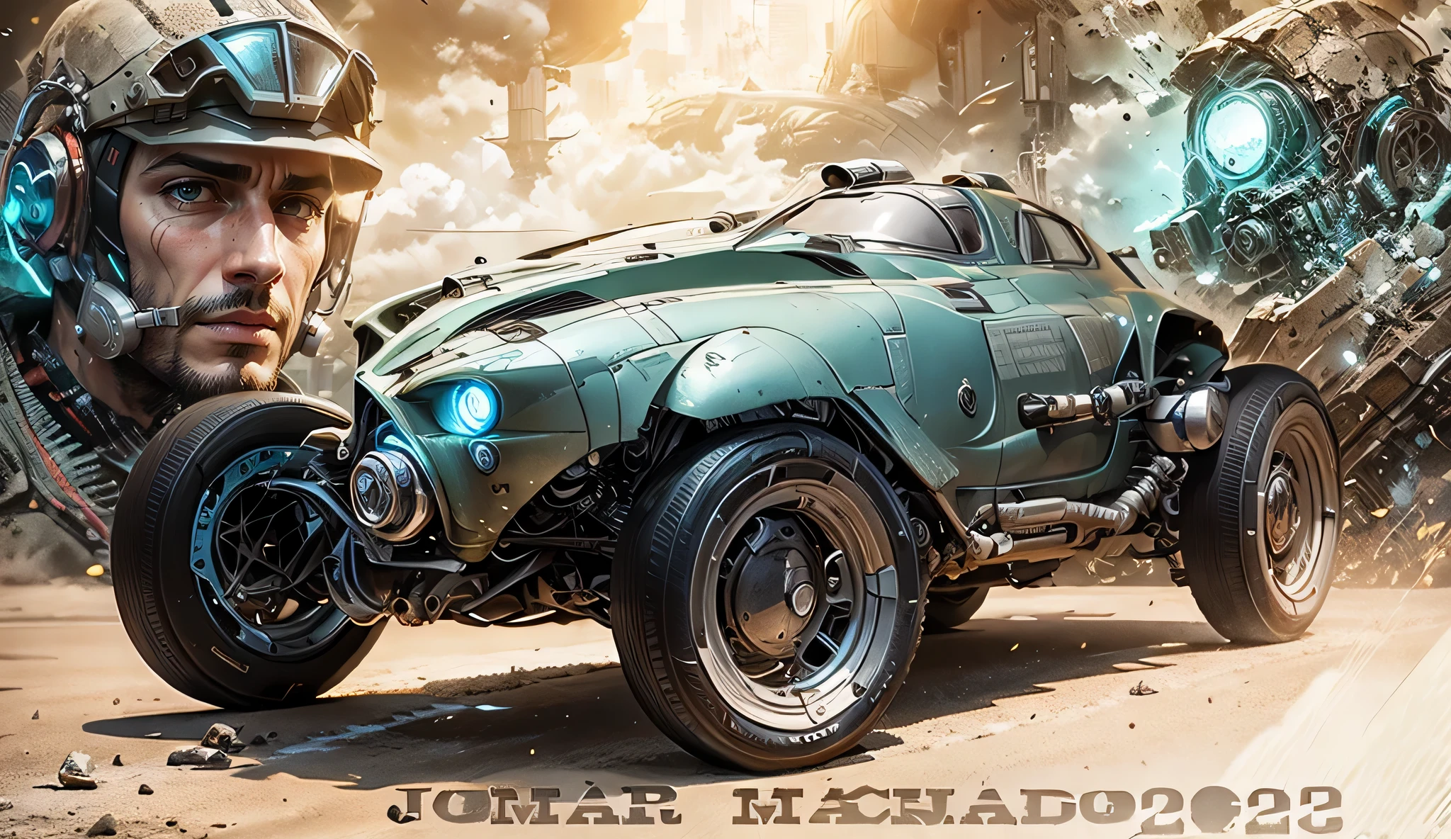Um carro de corridas possante Cyberpunk em primeiro plano, in the back there is a cyberpunk pilot in a cyberpunk outfit and on the other side there is a male cyberpunk pilot, ao fundo uma cidade animada e agitada Cyberpunk