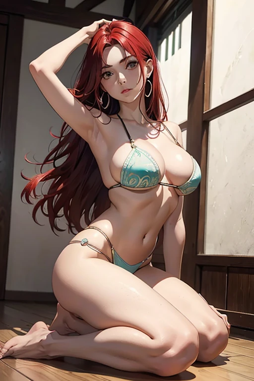 mulher esta nua , corpo escultural e extremamente sensual. destaque para seus seios grandes e suas pernas, The woman has white skin, olhos verdes bem destacados, long red hair falling over her shoulders. De altura mediana, barefoot.