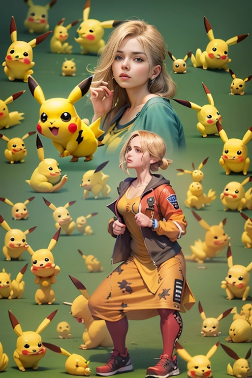 "Create a photorealistic 4K illustration of Pikachu's righteous girl, Introducing the essence of Pikachu through clothes and accessories, With full body composition,Dynamic Pose."