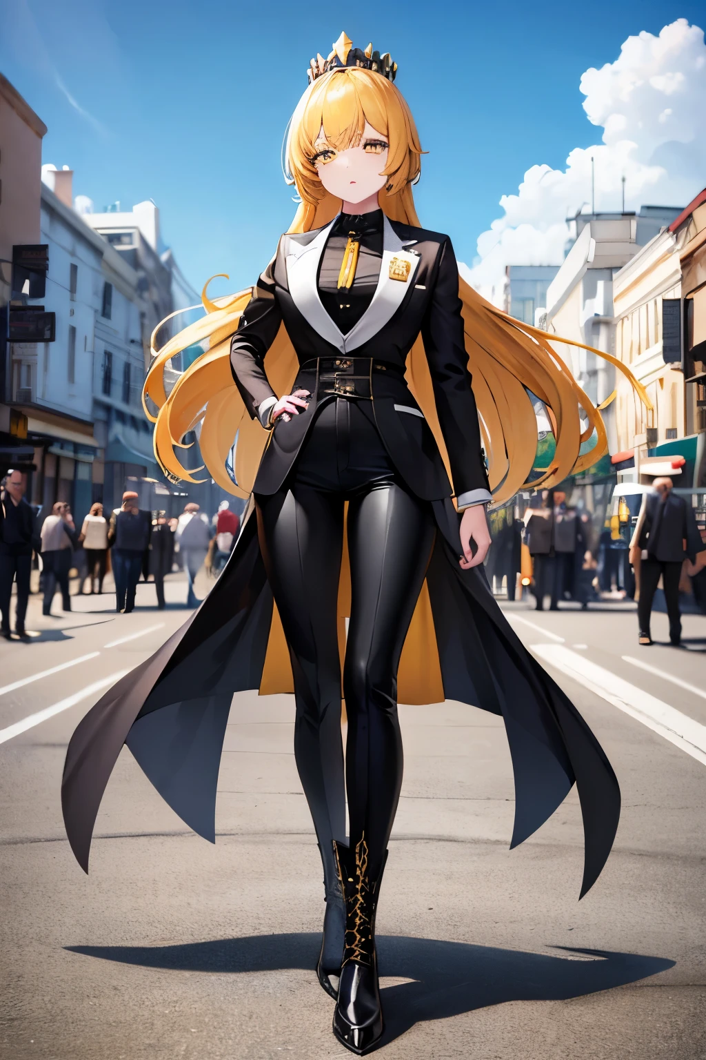 A girl, yellow eyes, black and yellow hair, queen crown, black pants, black boots, white suit, best quality, masterpiece, full body