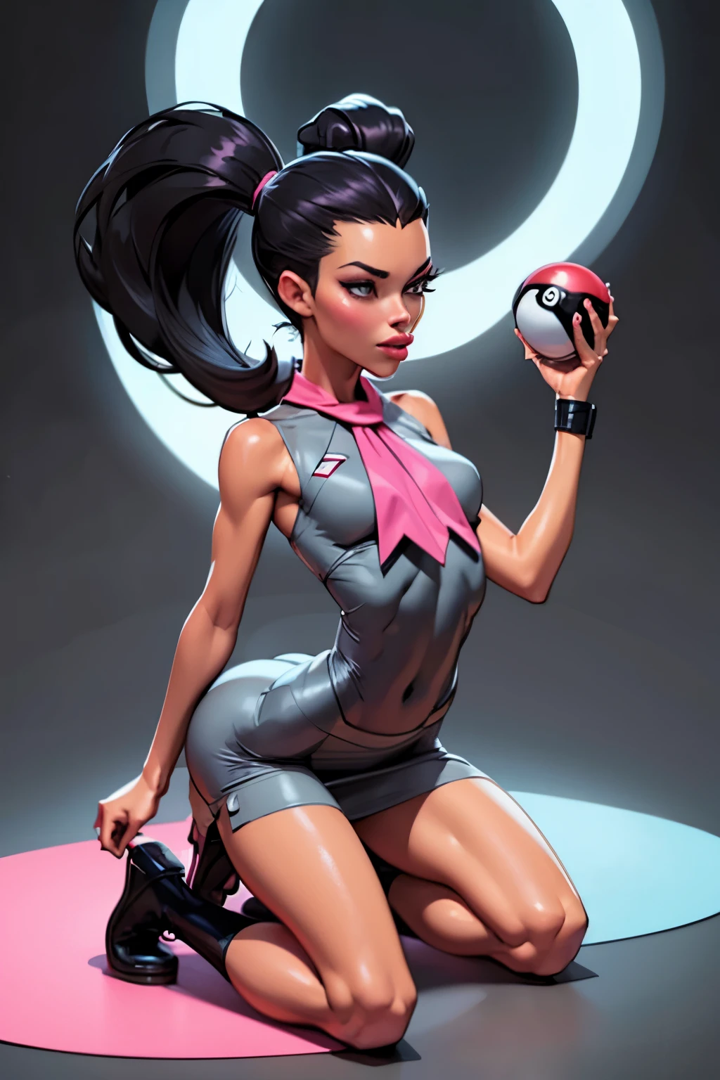 Masterpiece, Generate an illustration of a mature Roxanne, gym leader of pokemon , (lightgray dress), hd, holding a pokeball  all,  de terno preto, pink ascot,(( long black hair)), twin ponytail, shiny hair, (small breasts:1.2), outfit in anime format with a serious style, boots, make up, masterpiece, dark lighting, black background, ((puffy lips)),(slendered abs), beautiful face,