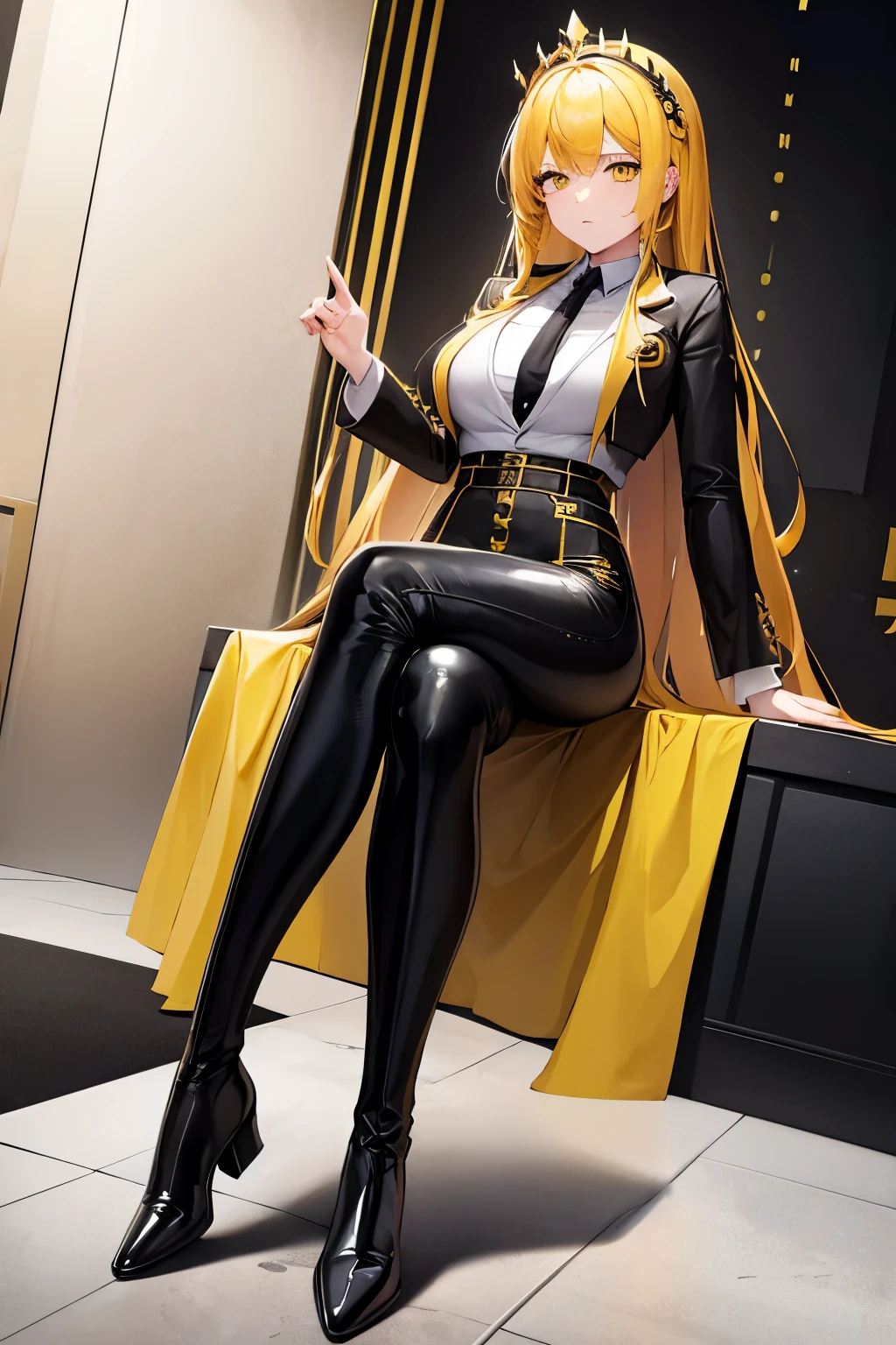 A girl, yellow eyes, black and yellow hair, queen crown, black pants, black boots, white suit, best quality, masterpiece, full body