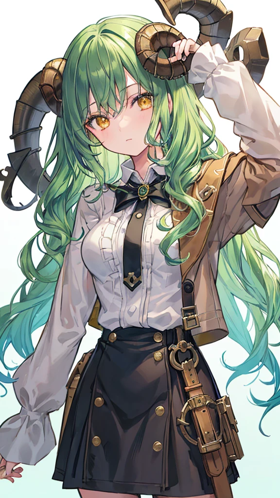 ((live 2D))  masterpiece, 1girl, full body, stands straight, steampunk clothes, military clothing, looking at viewer, detailed face, girl with green wavy hair, bangs, metal sheep horns, gradient hair, multicolored hair, light green hair, turquoise hair tips, wavy hair, gradient eyes, orange eyes, (simple background, white background: 1.3)