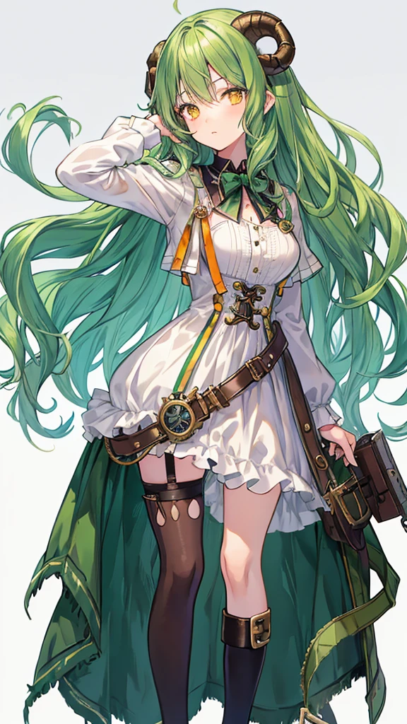 ((live 2D))  masterpiece, 1girl, full body, stands straight, steampunk clothes, military clothing, looking at viewer, detailed face, girl with green wavy hair, bangs, metal sheep horns, gradient hair, multicolored hair, light green hair, turquoise hair tips, wavy hair, gradient eyes, orange eyes, (simple background, white background: 1.3)