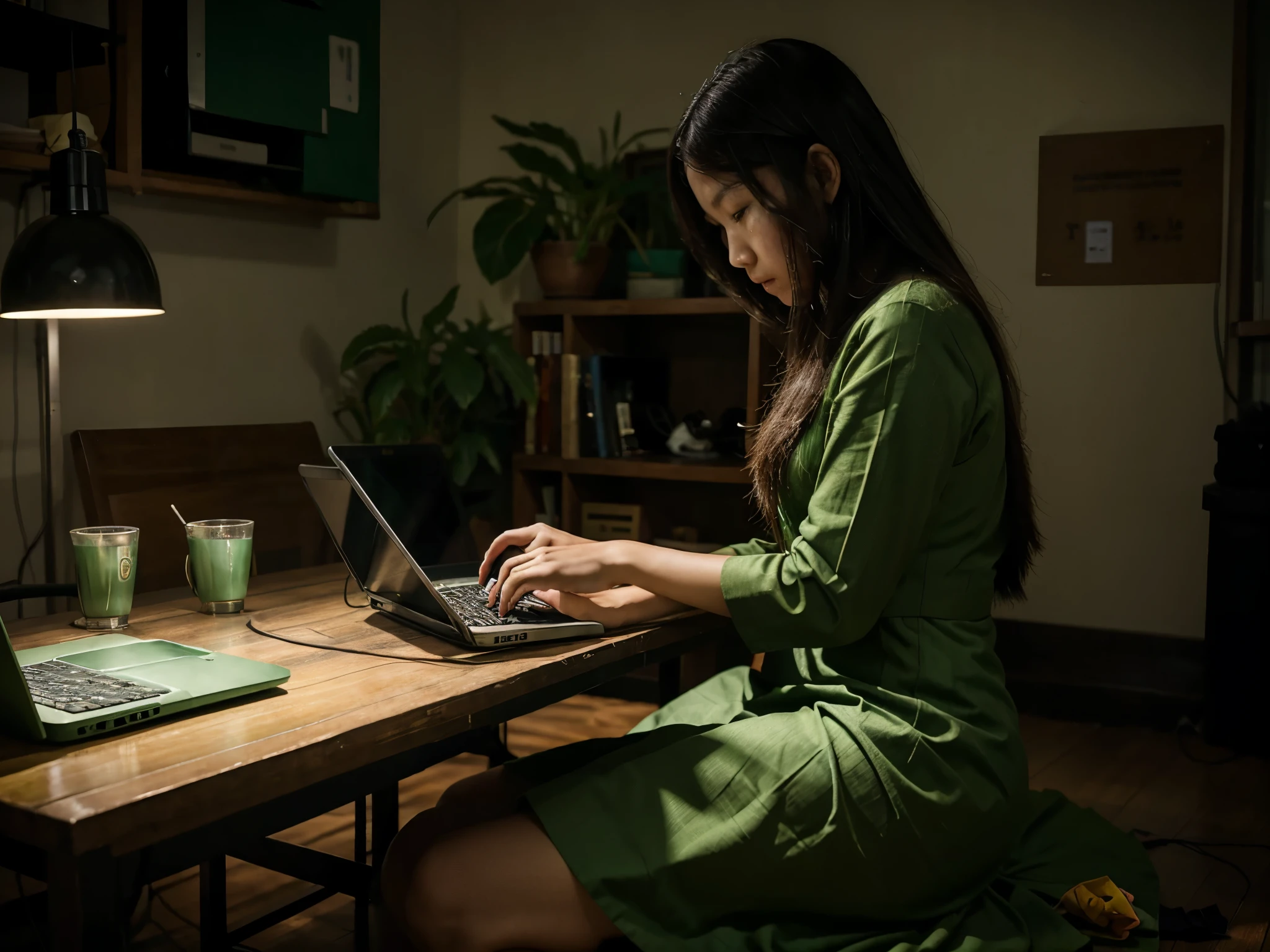 A vietnamese girl has long hair wearing long green dress, sitting on the ground and working with her laptop on the table in a dark room. She is looking to the screen and concentrating on her job