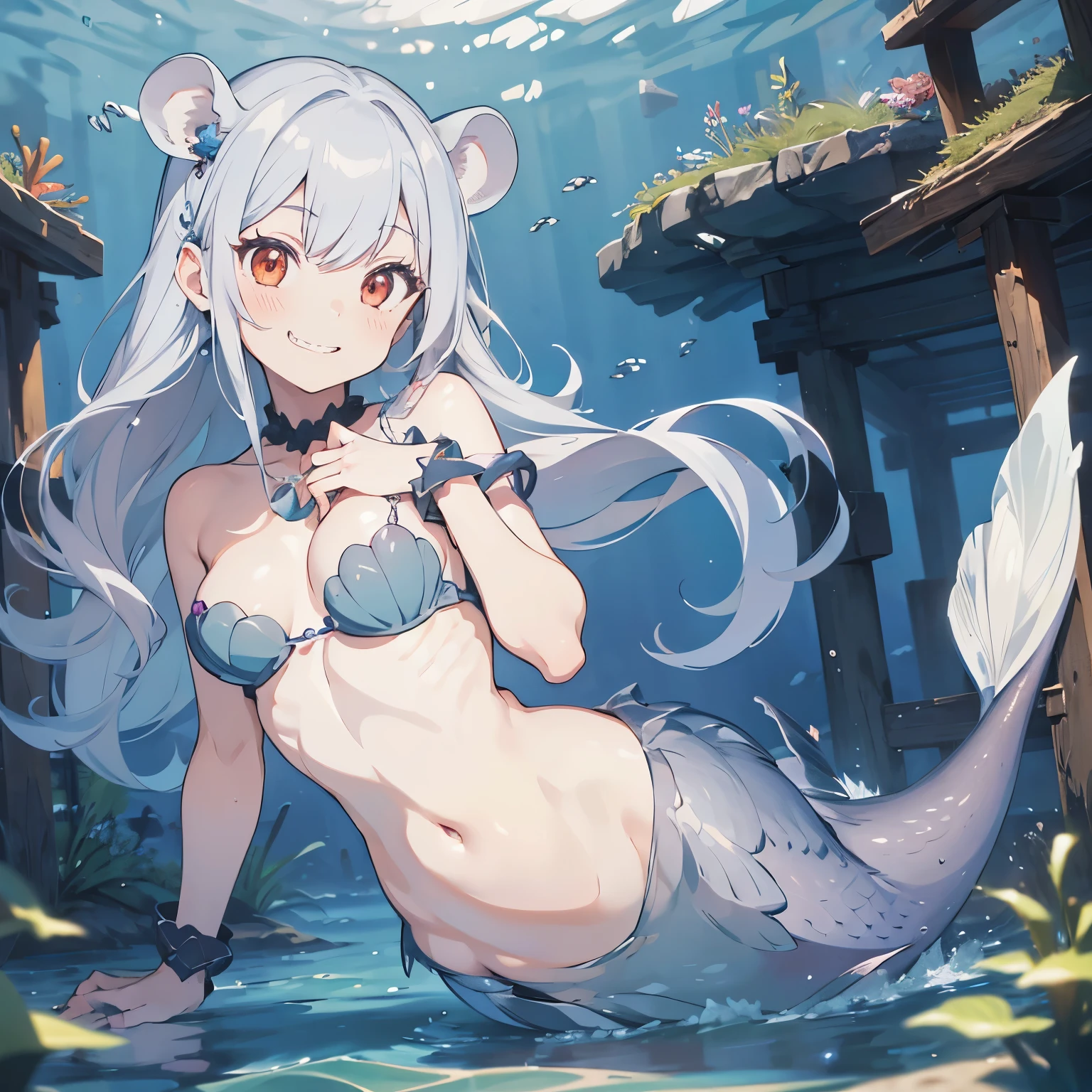 Pretty anthropomorphic mouse girl magically transformed into a beautiful mermaid, race swap, sharp teeth, is smiling, drawn in anime style, steampunk, fishlike, very long curly white hair, red eyes, white fur, slim body, whiskers, mouse ears, long cyan mermaid tail below waistline, shimmering fish scales, pelvic and dorsal fins, a pair of fish gills on her torso, seashells bra, pearl earrings and bracelets, pearl necklace, swimming underwater, coral reef, ocean depth, Highly detailed, masterpiece, high quality, 4K.
