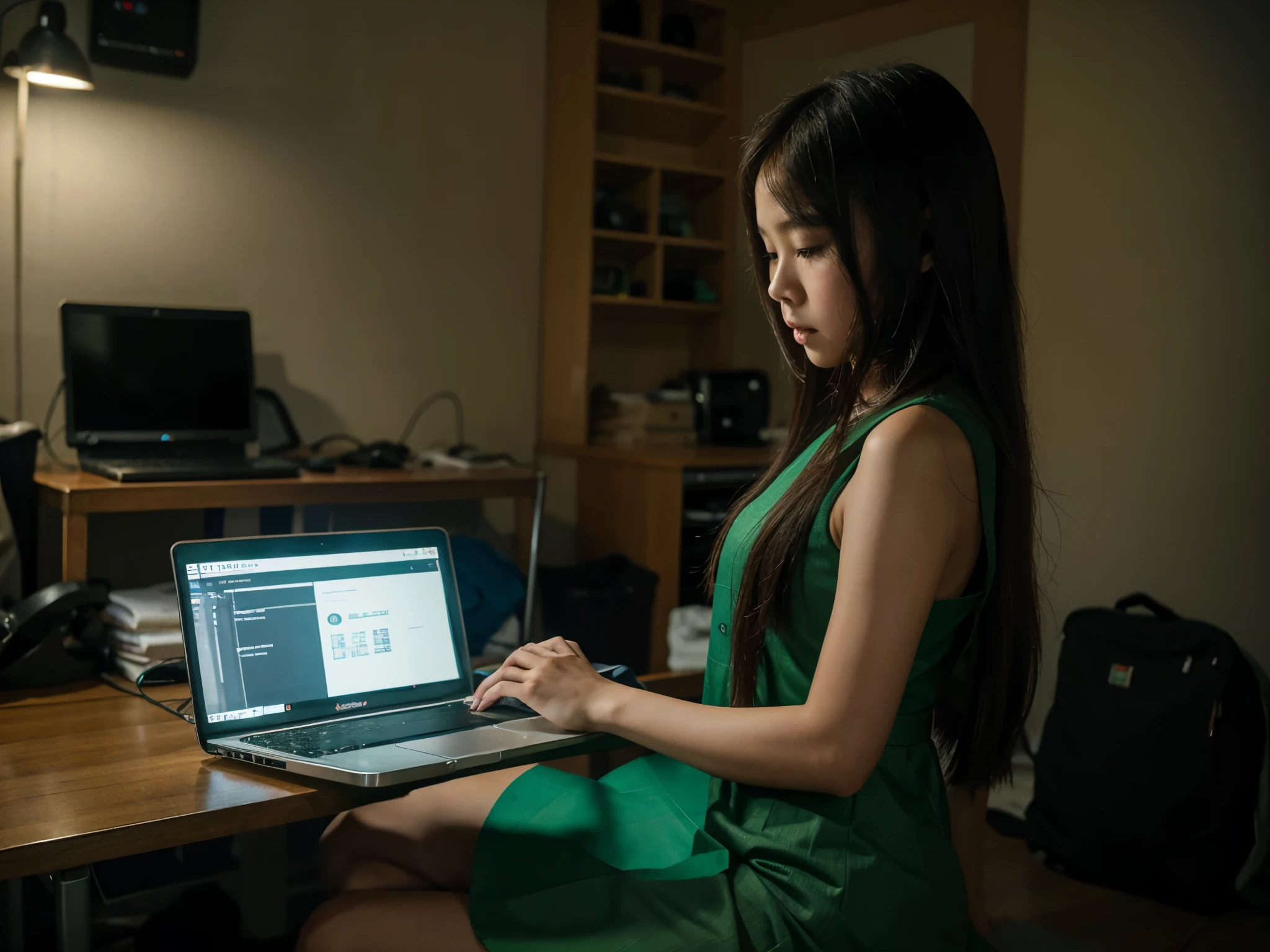 A vietnamese girl has long hair wearing long green sleeveless dress, sitting on the ground and working with her laptop on the table in a dark room. She is looking to her laptop's screen and concentrating on her job