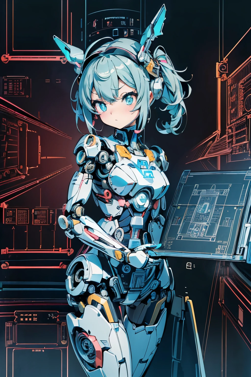 (((masterpiece))), (((Best Quality))), (((high quality))), (((beautiful))), (((8K))), (((highres))), (((absurdres))), (((exquisite))), (((Ultra high definition))), (((High resolution))), loli robot, (loli:1.4), (Gamine:1.5), (Highly detailed and extremely complex mechanics:1.2), (Super drooping eyes:1.4), (Machine body:1.4), (Mechanical joints:1.4), (poneyTail:1.2), (A long cloth ribbon waving in the wind tying her hair:1.2), mecha musume, Mechanical parts, Robot joints, Headgear,In bold manga line style, blueprint、(Multiple perspectives:1.4)、(circuit drawings:1.4)、(label:1.2)、(full bodyesbian:1.4)