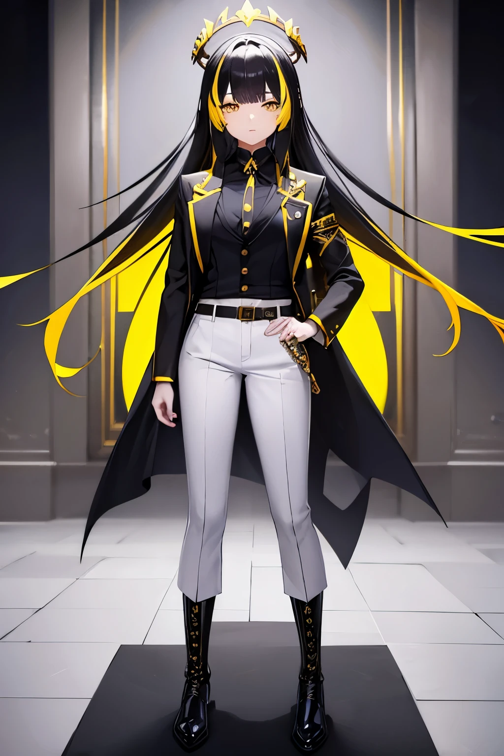 A girl, yellow eyes, black and yellow hair, queen crown, black pants, black boots, white suit, best quality, masterpiece, full body
