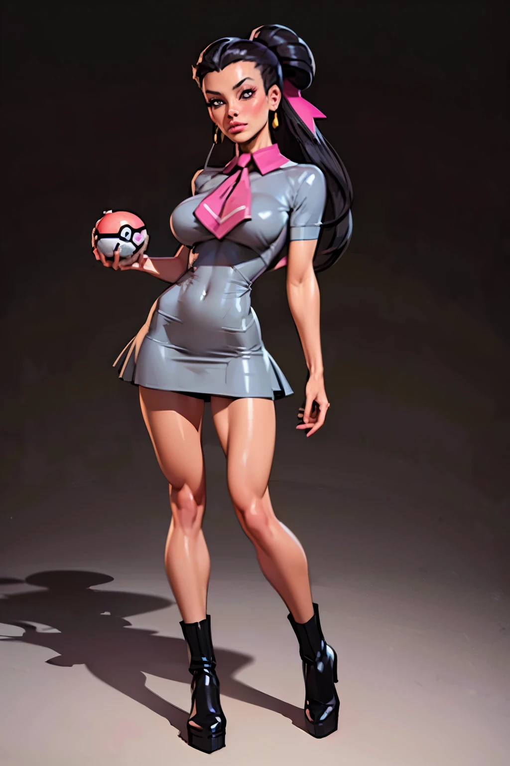 Masterpiece, Generate an illustration of a mature Roxanne, gym leader of pokemon , (lightgray dress), hd, holding a pokeball  all,  de terno preto, pink ascot,(( long black hair)), twin ponytail, shiny hair, (perky breasts:1.2), outfit in anime format with a serious style, boots, make up, masterpiece, dark lighting, black background, ((puffy lips)),(slendered abs), beautiful face,