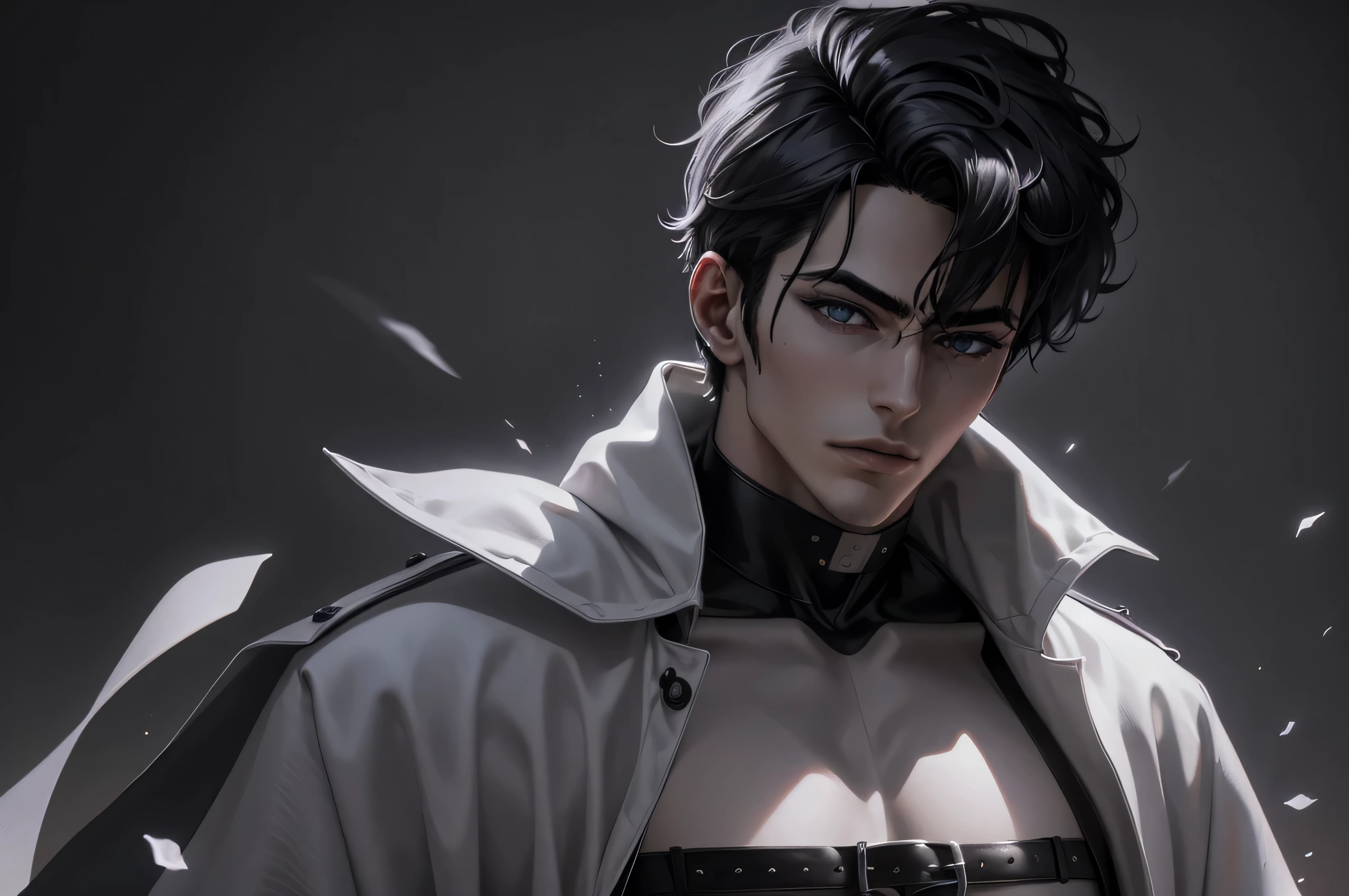 Manhwa Arte Europeo, 25 years old man, Pelo desordenado de la cabecera, Cabello negro azabache, ojos penetrantes, Iris gris, cejas gruesas, Llevar abrigo negro con el logotipo de calavera demoniaca, razor-sharp jawline, mirada penetrante, Cold and mysterious character, 8k, Detailed features, muy guapo
