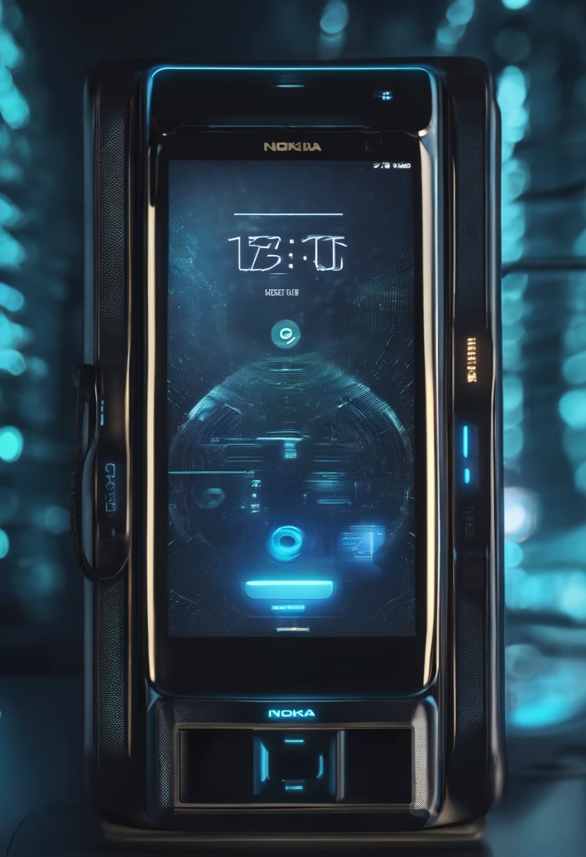 tmasterpiece，Best quality at best，alta qualidade，extremamente detalhado，8k，Futuristic ethereal close-up of a furnitures phone, smartphone, A mystical environment, Tecnologia encontra fantasia, Telefone futurista，AI Peripherals, smartphone, Sit at the technical booth, tecnologia de outro mundo, High-tech furnitures phone，Futuristic technical training，cyberpunk futurista，hiper realisitc，Esta imagem mostra um telefone preto，The brand of the phone is Nokia，Screen time on phone is 6:08，The phone screen background is blue, Tecnologia encontra fantasia, foto do telefone, celular, armazenamento em nuvem, 3840 x 2160, 3840 x 2160, celular, handheld, tecnologia do futuro, furnitures, surreal，Shutter Inventory