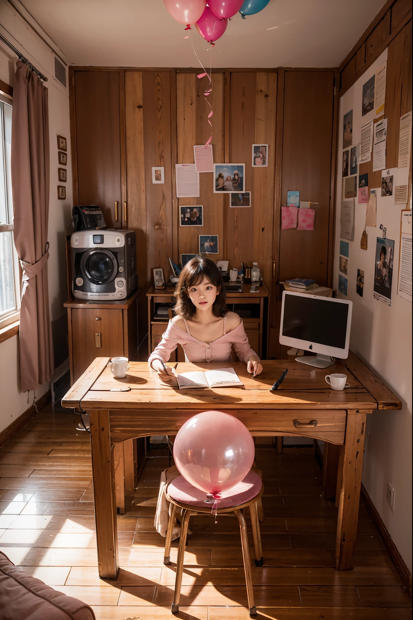 lower middle class house, simple room with time-worn wooden cupboard, study table, paper writing and photos stuck on the wall, make-up mirror, air conditioner, pink letter-shaped balloons on the wall "stratosphere" imac computer