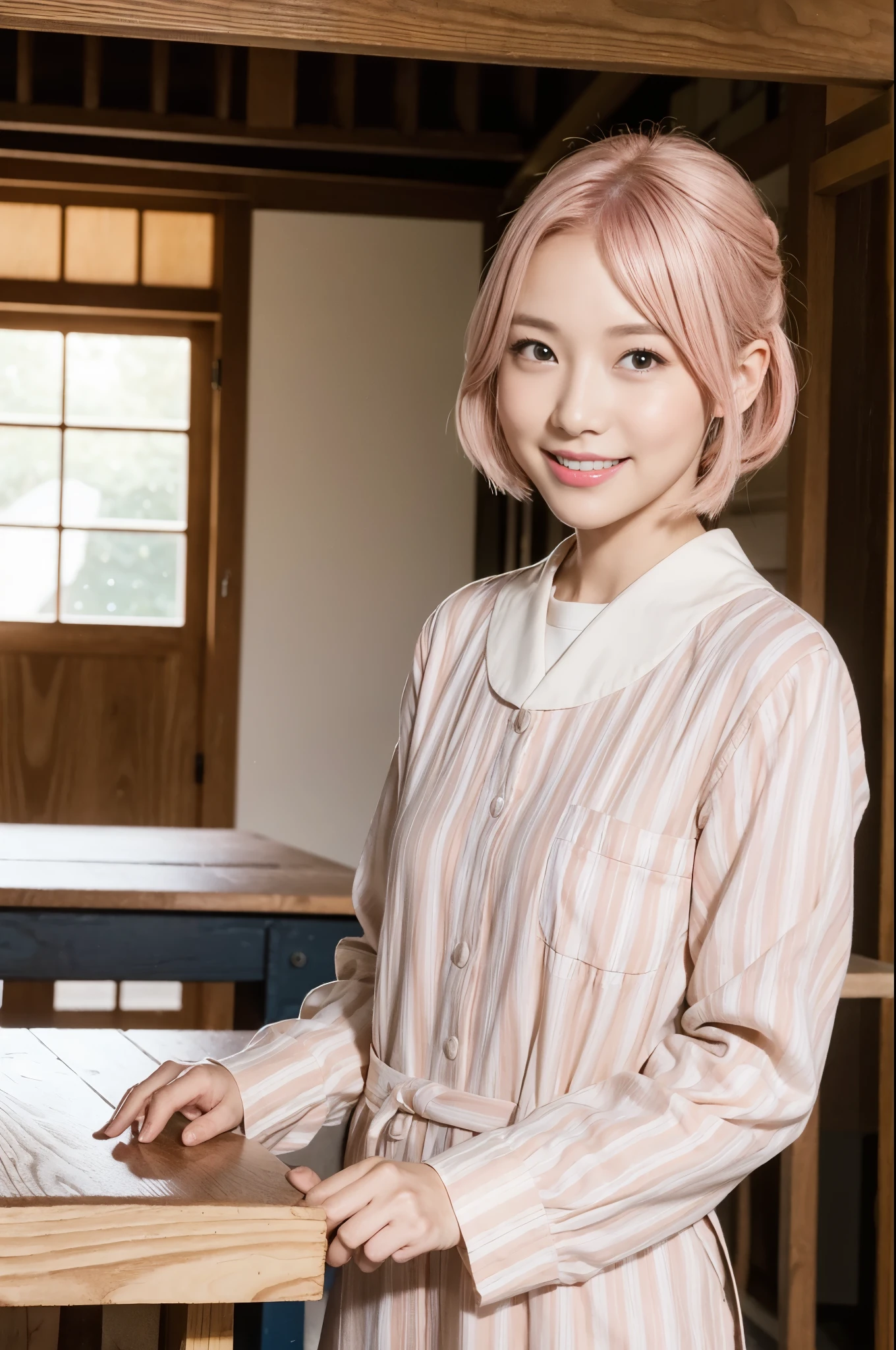 Best Quality, 超A high resolution,Photorealsitic,Beautiful carpenter girl in Japan、with round face、Smile,Light brown and pink striped hair,Straight short hair,poneyTail、hair pin、Japan Temple Carpenter Men's Uniform,Cutting wood with a planer on a woodworking shop workbench、Planing at scale、Beautiful fingertips、Sunlight、Movie Light、