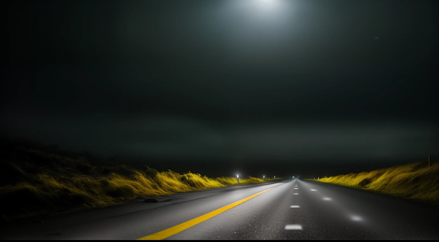death, blurry, EMPTY ROAD, creepy flickering environment, Yellow tint, Smartphone photo, Howl at the moon, Frightening empty liminal spaces, light above, (Lowkey, flashlight, Gray, night time:1.4),