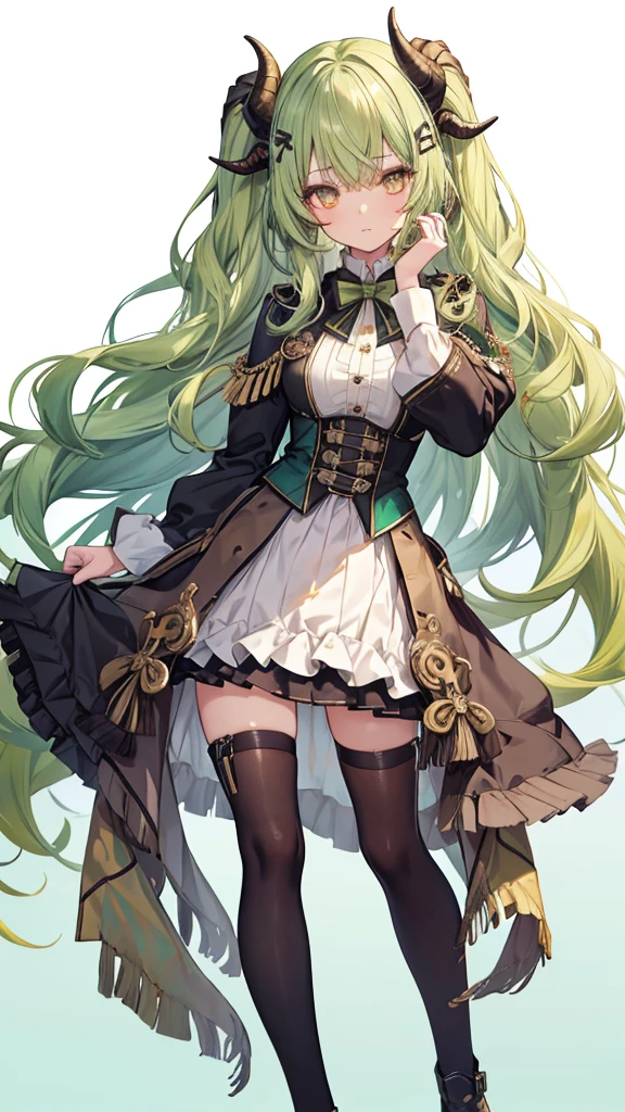 ((live 2D))  masterpiece, 1girl, full body, stands straight, steampunk clothes, military clothing, looking at viewer, detailed face, girl with green wavy hair, bangs, metal sheep horns, gradient hair, multicolored hair, light green hair, turquoise hair tips, wavy hair, gradient eyes, orange eyes, (simple background, white background: 1.3)