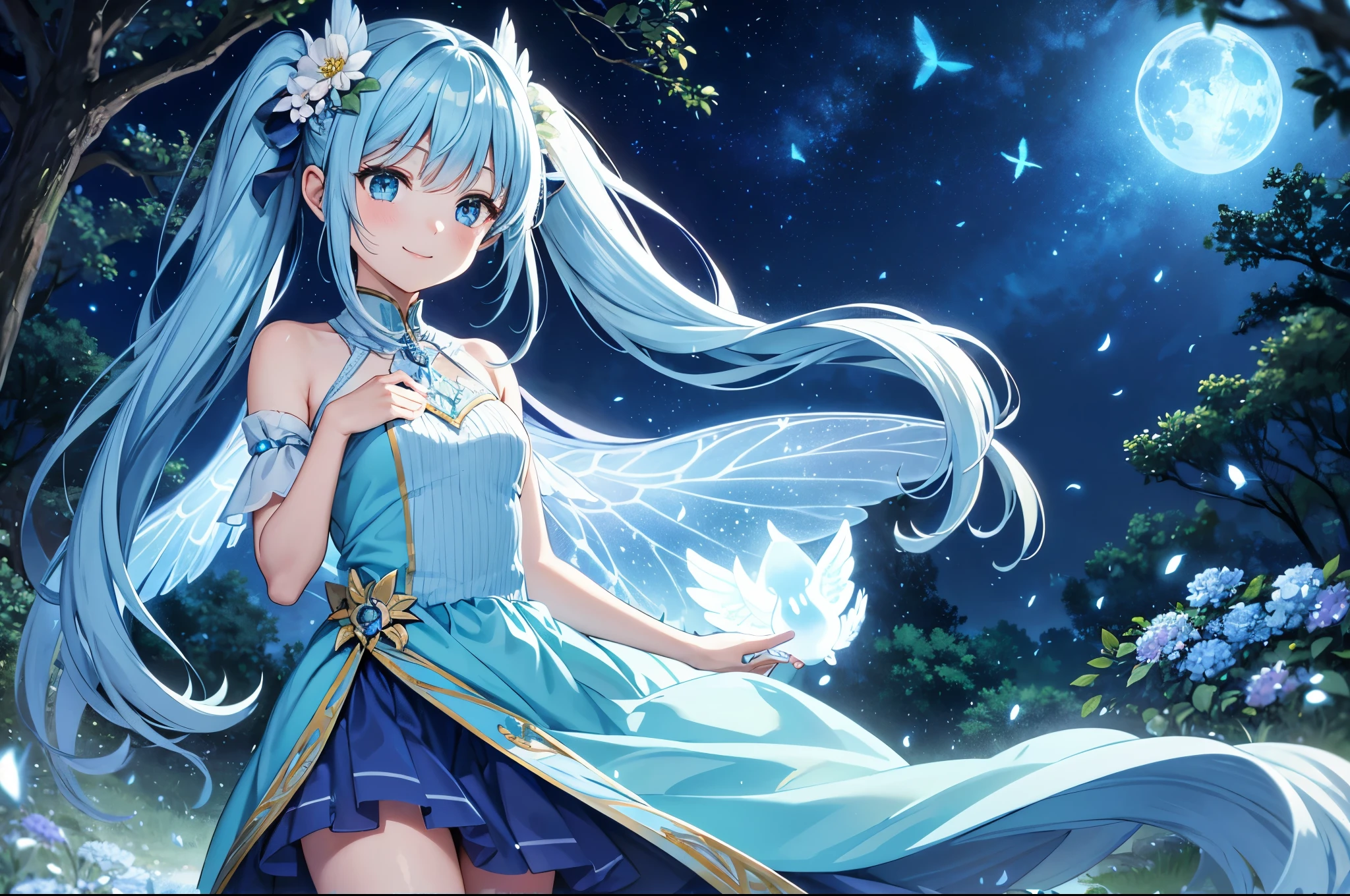 Dynamic Angle、 within a magical forest, a mystical fairy girl emerges, Light blue long hair、Hairstyle is Twintails、Adorable smile, the glow of the moonlight, flower bloom、The tree々While flapping its wings in the sparkling fireflies, There is a pure white owl、the air resonates with the ethereal symphony of nature's whispers, Creating a field where dreams and reality intersect,Fairy World、Fantasy World