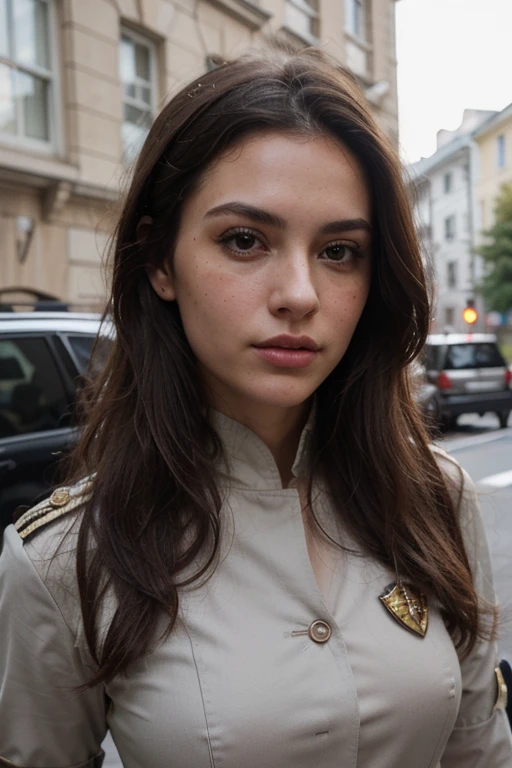 ((best quality)), ((masterpiece)), (detailed), perfect face realistic photo of beautiful woman with long dark brown hair, Russian, influencer, light freckles, dark brown eyes, big lips, no makeup, insagram, ((uniform, tactical costume, agent costume, spy))