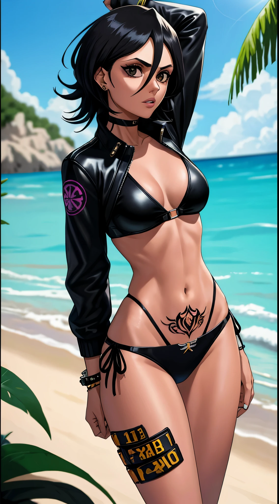 una chica punk, cabello negro, Pose sexy, cuerpo tatuado, tatuadas. bikini de cuero, chaqueta de cuero negro, Al sol, Tiempo nublado, 4k