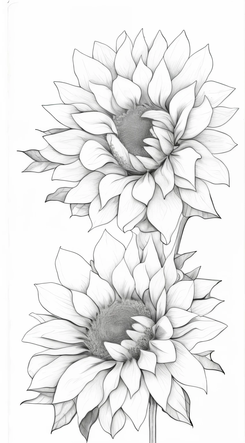 a drawing of two sunflowers with leaves on a white background, line drawing tattoos, line work, perfect pen and ink line art, higly detailed black ink outline, detailed flowers, highly detailed linework, perfectly detailed linework, black ink line art, extremely detailed linework, detailed linework, detailed line work, extremely fine ink lineart, outline sketch
