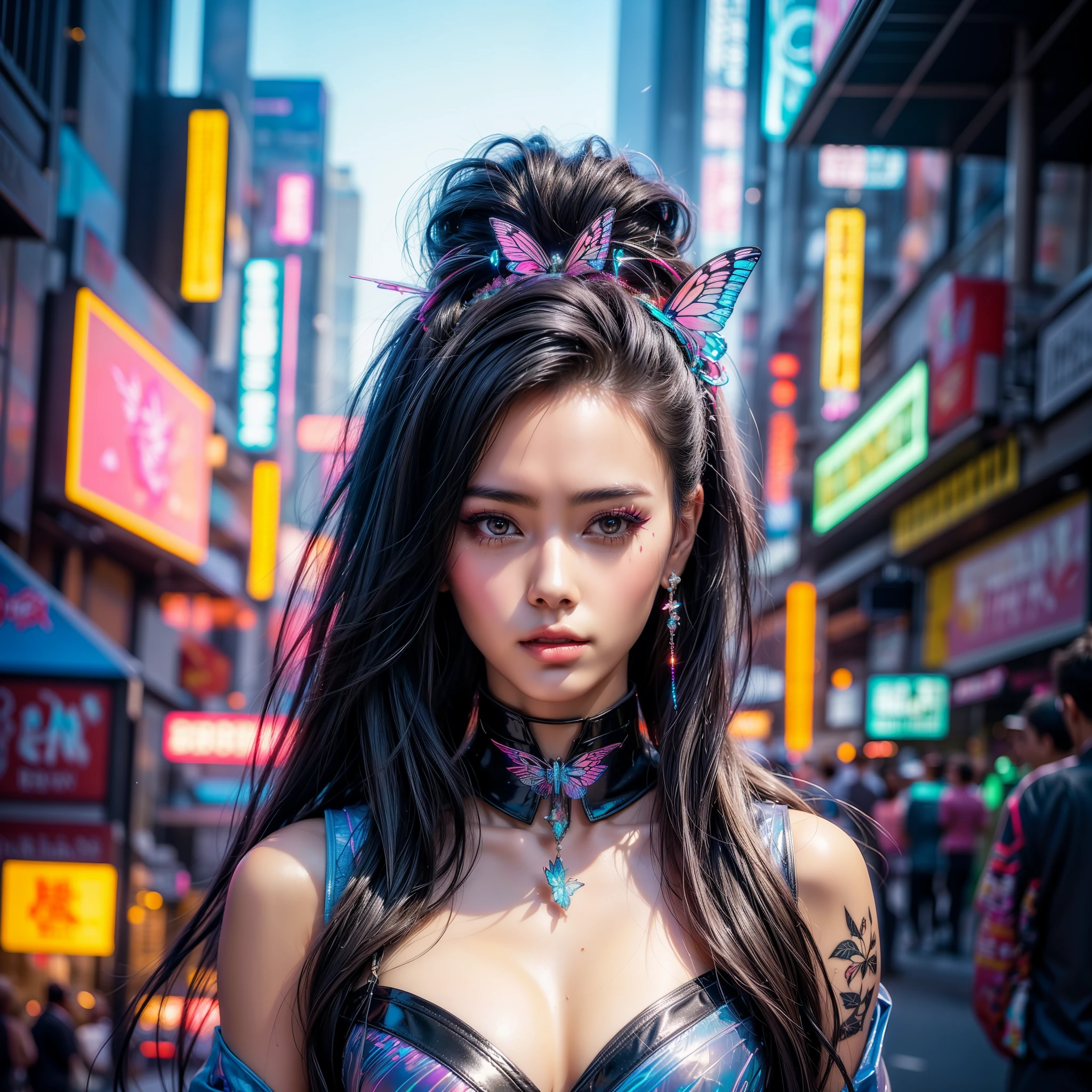 Masterpiece, a beautiful young cyberpunk geisha with long flowing black hair, hot, excited, sexy and silky skin, beautiful eyes, beautiful lips, wearing shiny earrings, ornaments in her hair, with two holographic butterfly wings behind her head, wearing a erotic kimono (highlight on breasts), with bright flower bouquets on both sides, and in the background, bright neon holographic butterflies flying around and under her head, wearing a bright tiara, beautiful hyper-realistic cyberpunk geisha butterfly, cyberpunk geisha photorealistic, beautiful neon spring cyberpunk Geisha with intricate details, cyberpunk goddess of neon holographic butterflies. .