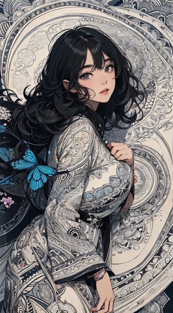 ((8k wallpaper of extremely detailed CG unit, masterpiece, hight resolution, top-quality, top-qualityのリアルテクスチャスキン)), ((very beautiful seductive woman, Plump lips, The upper part of the body, Hands in pockets:1.5, black ruffle hem shirt dress:1.2)), (messy black hair, de pele branca, Small), ((white backgrounid, Zentangle, a Mandala, Tangles, Entanglement, psychedelic)), hyper realisitic, digitial painting, concept-art