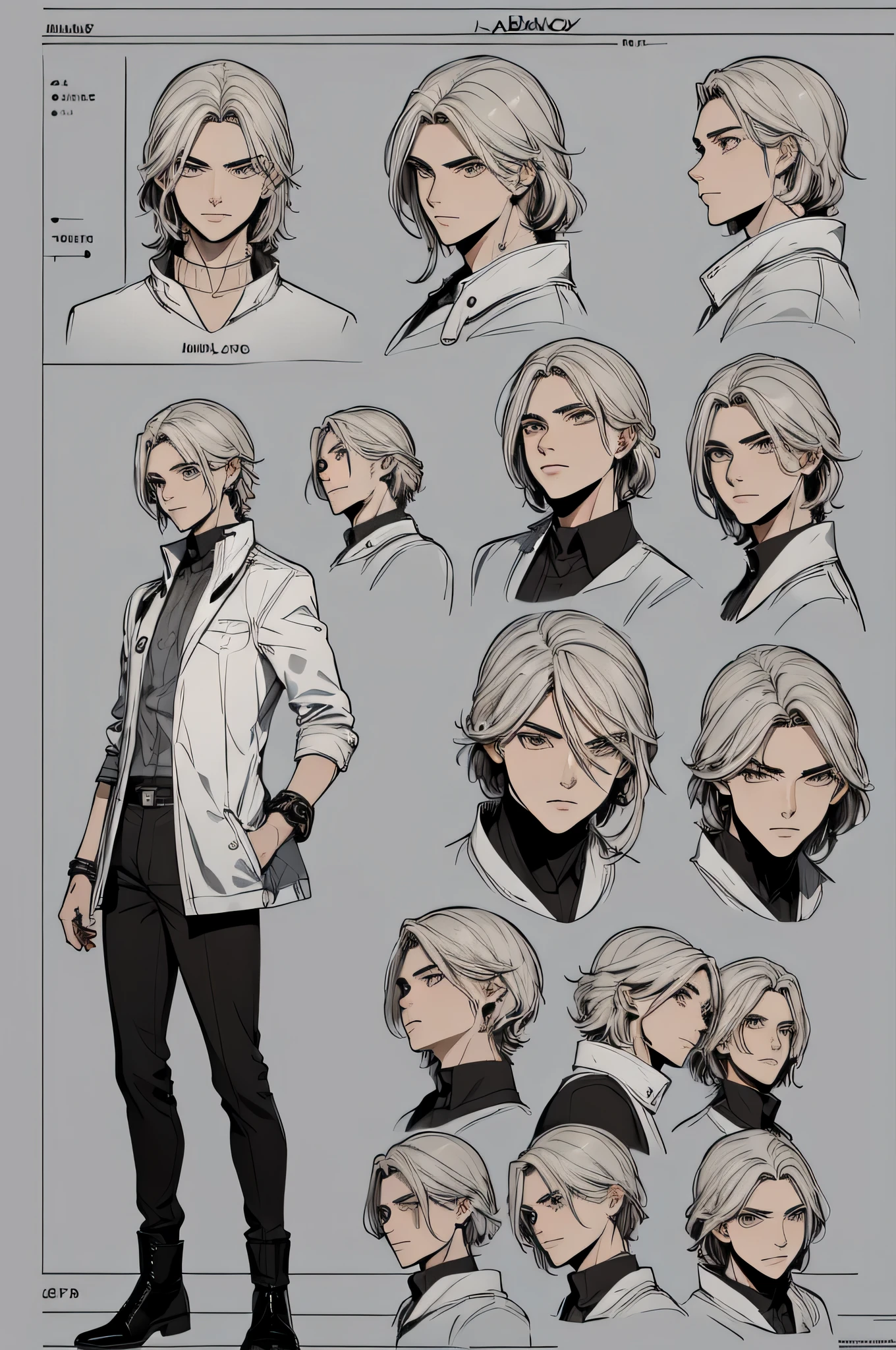 Um homem de 17 anos, cabelos brancos, olhos azuis, personagem de frente, different angles ,character sheet, full body, one character for image