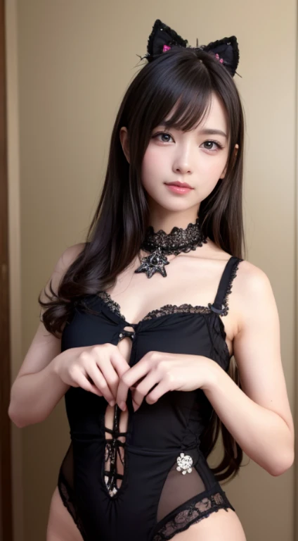 (8K, Photorealistic, Raw photo, of the highest quality: 1.3), (1girl in), Super beautiful, (Realistic face), (boyish, Silver Color Berry Shorthair), Beautiful , Glare that captivates the viewer, Beautiful expression, Beautiful breasts, (Realistic skin), Be...Super high quality, super high definition, super detailed, masterpiece, 20years old, female, cute, perfect face, beautiful, nice body, gothic lolita clothes, gothic lolita fashion, frilly skirt, headdress, necklace, bracelet, knee-high socks, boots, double eyelids, tear bags, Detailed down to the fingers, photo-like description, indoors, dim indoor lighting, blonde hair, pony tail, standing, whole body, composition that shows the whole body, smiling