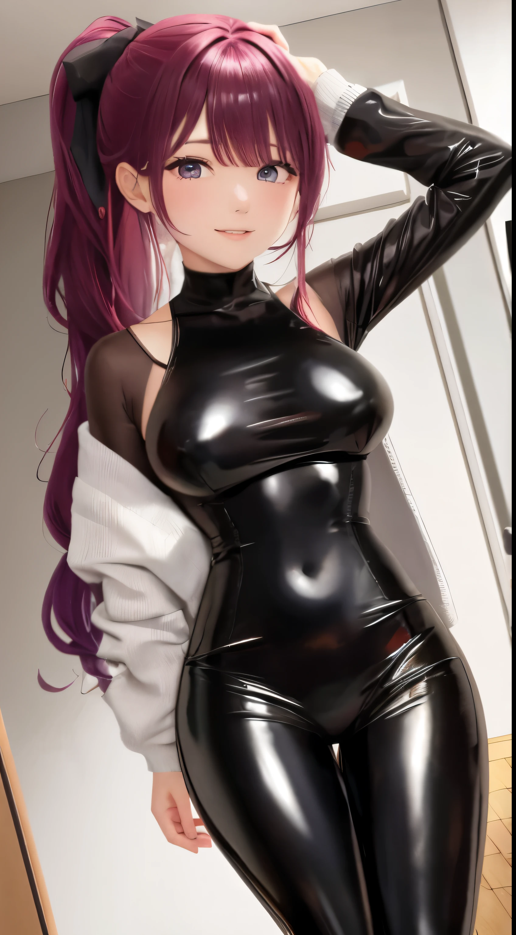 bonita chinesa,standing on her feet,Incline-se para a frente com o peito firmemente contra as pernas,unparalleled beauty,Shiny rubber pants,oversized buttocks,round buttockeautiful buttocks,upturned buttocks,Single hairstyle ponytail,cabelos pretos,pernas delgadas,salto alto,Gentle and shy face,laughing from the heart,耳Nipple Ring,colar,Correnteehind the perspective