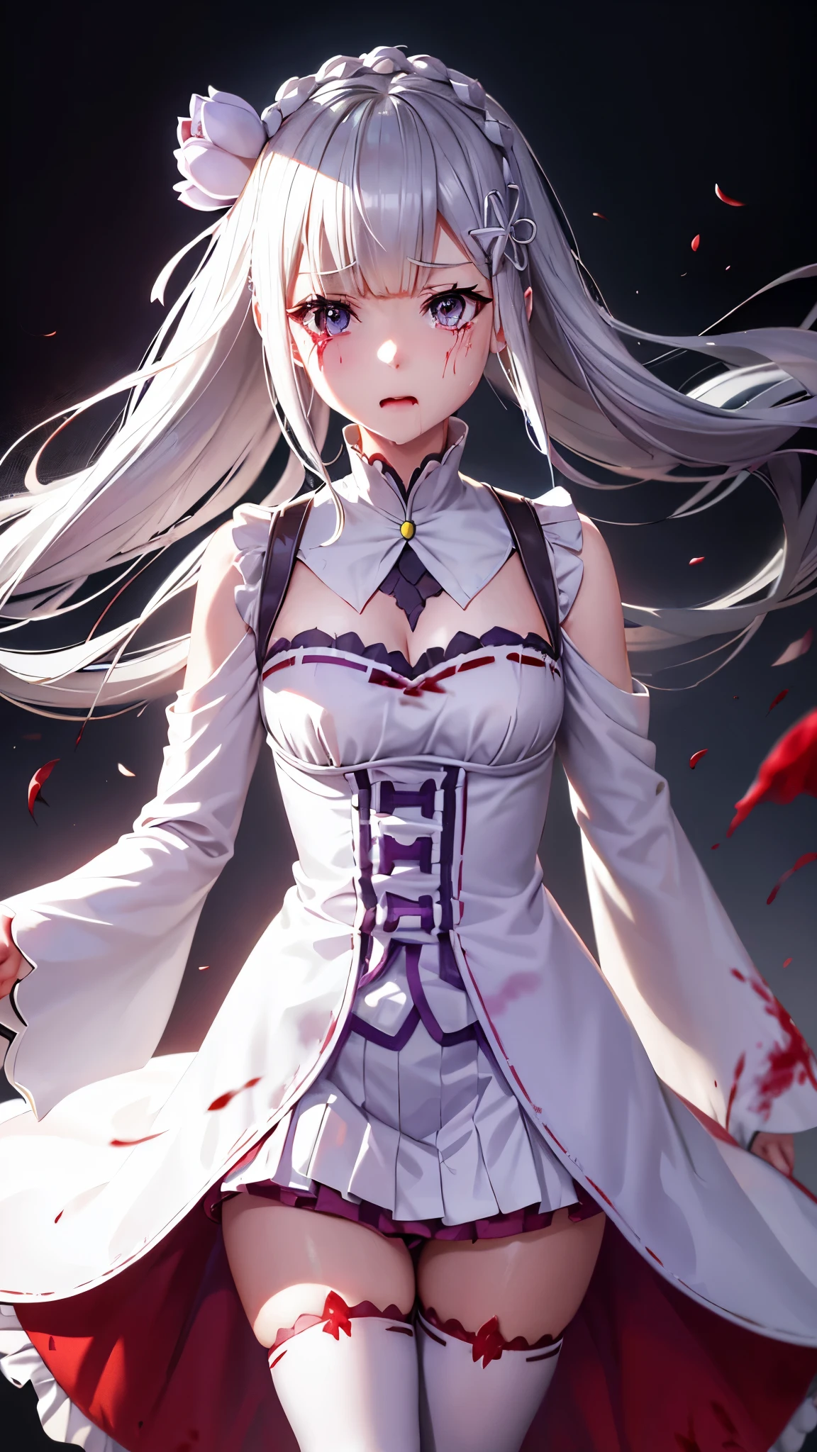 re:zero, emilia, gray hair, hair flower, masterpiece, amazing, 8k, detailed, 1girl, ((blood)), ((bleed)), (white tights), crying, tears, (blured background)