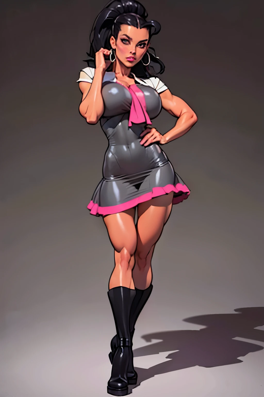 Masterpiece, Generate an illustration of a mature Roxanne, gym leader of pokemon , (lightgray dress), hd, holding a pokeball  all,  de terno preto, pink ascot,(( long black hair)), twin ponytail, ((detailed face)),shiny hair, (perky breasts:1.2), outfit in anime format with a serious style, boots, make up, masterpiece, dark lighting, black background, ((puffy lips)),(slendered abs), beautiful face,