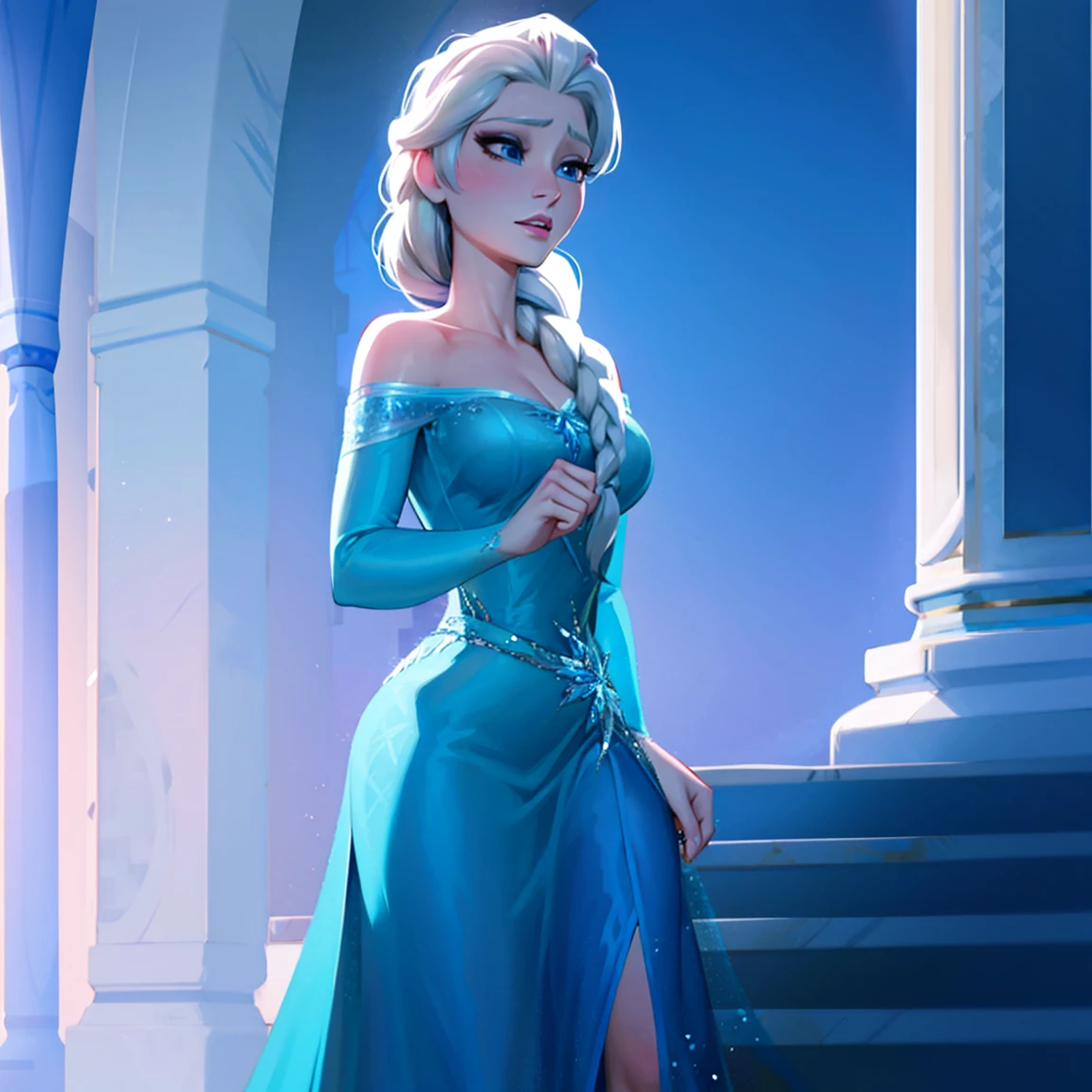 elsa of arendelle, blue  dress, single braid , upper body