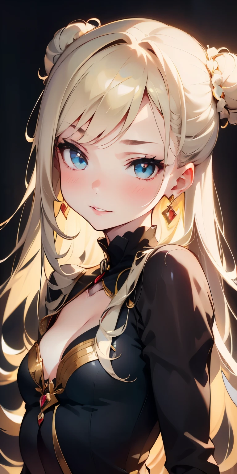 Cute Girl, (Ash blonde hair), ((very bun hair)), Perfect face, Innocent smile, Upper body,(Cerulean Eyes), (Yan), (Petite), (slender), ((flat chest)), ((16 only)), Skindentation, Extreme Detail, charming oval face, Red lips, Pink, Glossy skin, detailed hairs, Face Focus, Close-up chest, Luxurious hair ornaments, Gold Earrings, ((1 girl)), Embarrassed expression,