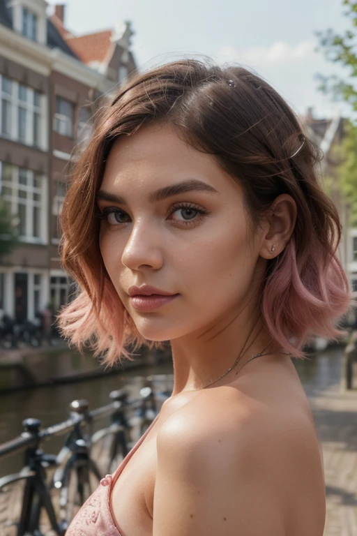 Instagram models posing in amsterdam, beautiful detailed eyes, beautifully detailed lips, extremely detailed eyes and face, short wavy pink hair ((best quality)), ((masterpiece)), (detailed), perfect face
