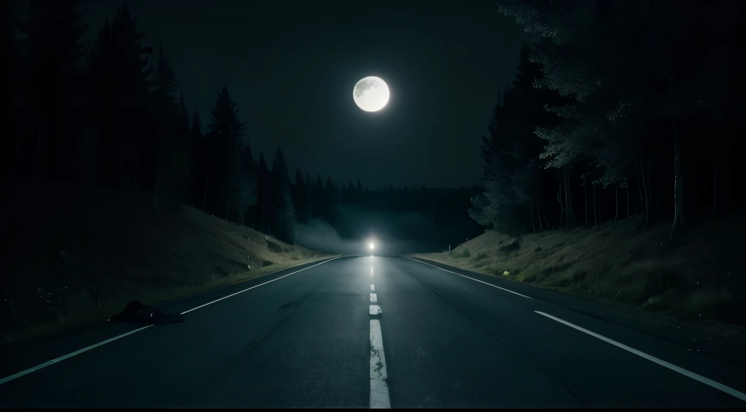 Yellow filter in the photo, death, mist, very blurry, dark ambient, EMPTY ROAD, creepy flickering environment, Smartphone photo, Howl at the moon, Frightening empty liminal spaces, light above, (Lowkey, flashlight, Gray, night time:1.4),