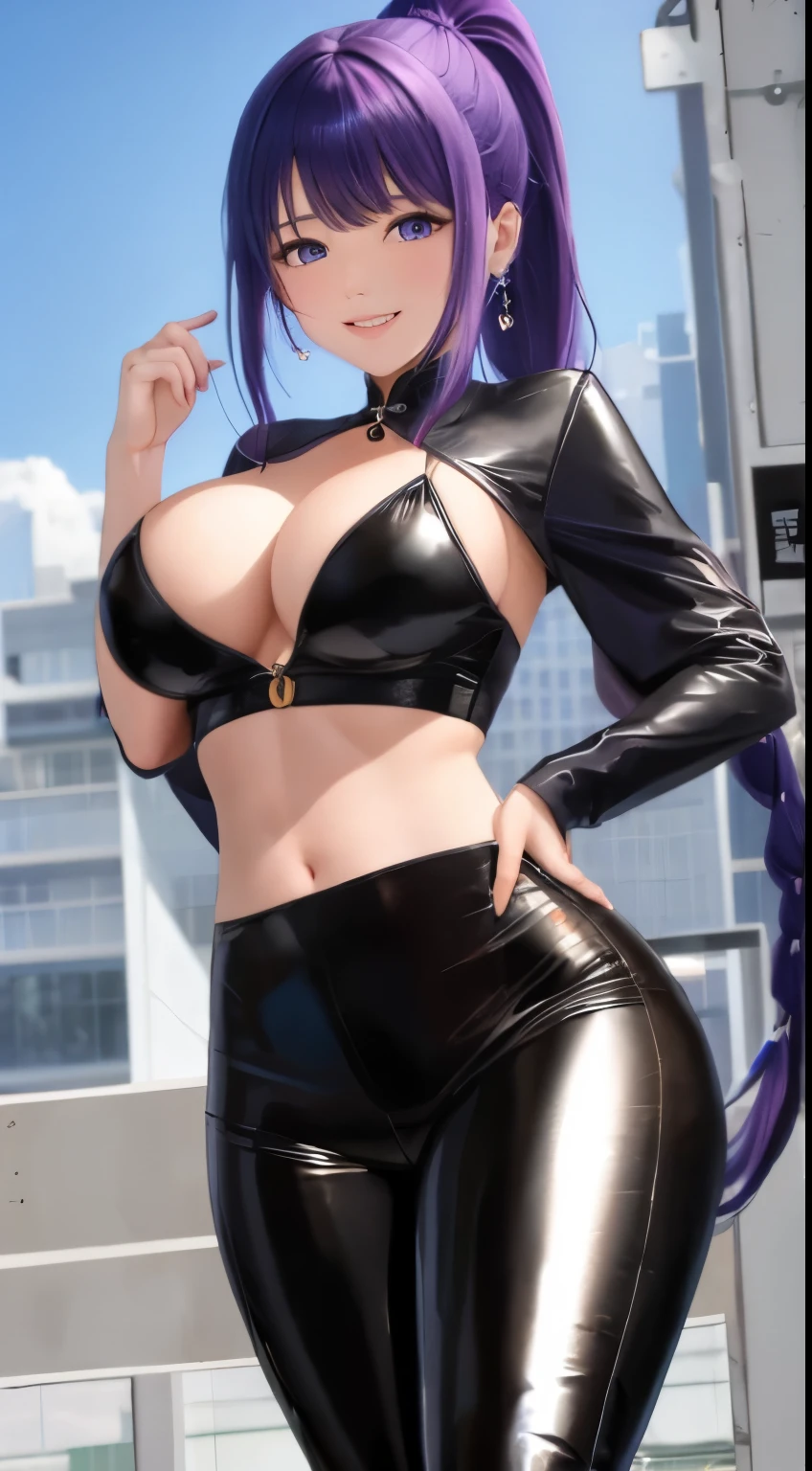 bonita chinesa,standing on her feet,Incline-se para a frente com o peito firmemente contra as pernas,unparalleled beauty,Shiny rubber pants,oversized buttocks,round buttockeautiful buttocks,upturned buttocks,Single hairstyle ponytail,cabelos pretos,pernas delgadas,salto alto,Gentle and shy face,laughing from the heart,耳Nipple Ring,colar,Correnteehind the perspective