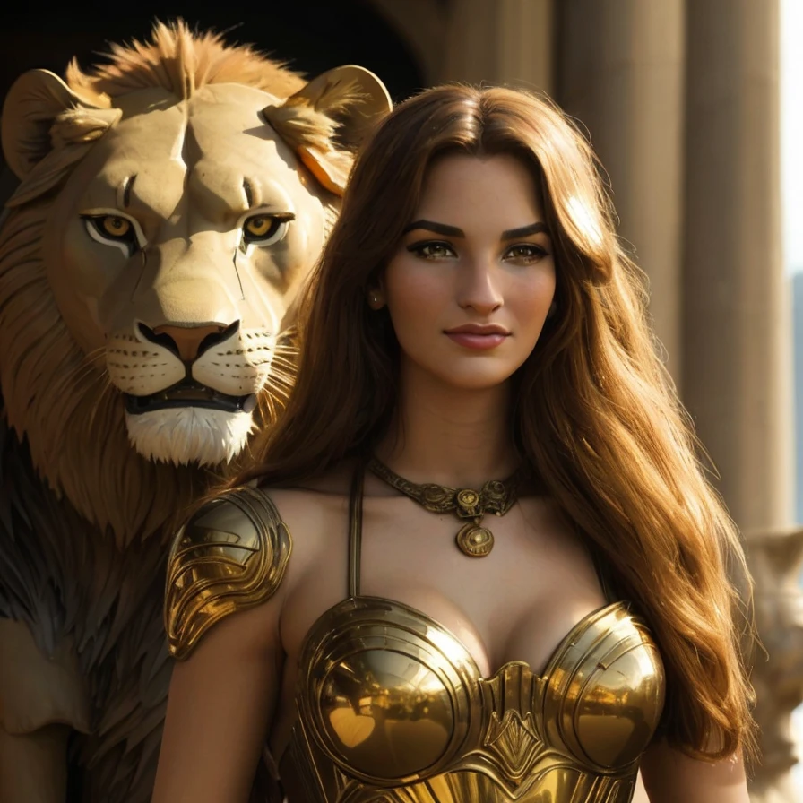 Woman with the face of , dressed as an Amazon, holding a golden sword in her hand and accompanied by a lion with a golden mane, both on a mountain peak surrounded by lights in the background.