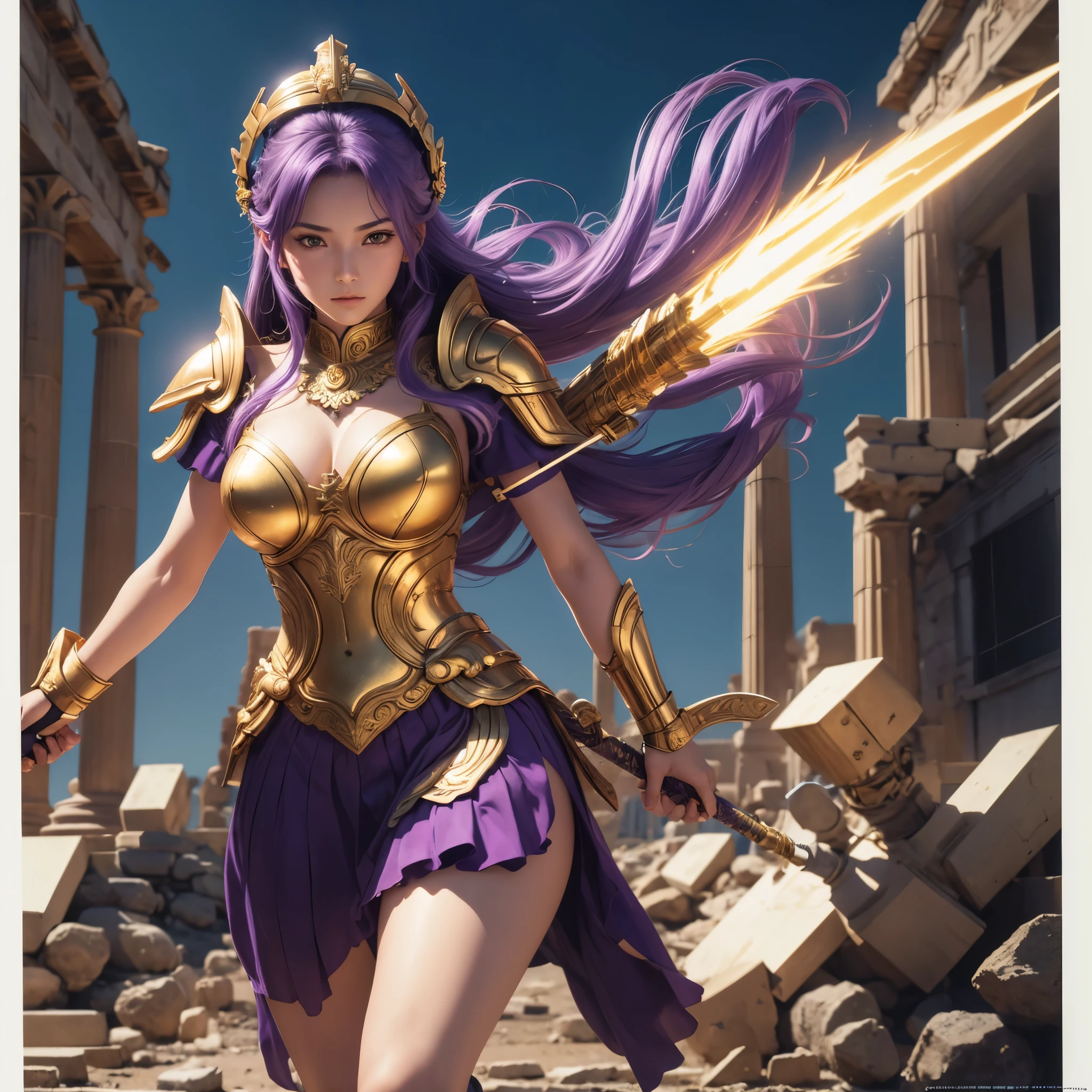 (best quality,4k,8k,highres,masterpiece:1.2),ultra-detailed, 1woman, Greek goddess Athena, purple hair, wearing golden hoplite armor with helmet, attacking pose, wielding a sear, looking at the viewer, wise, impressive,  eyes, in front of the Parthenon, drawn in the style of Yoshitaka Amano, HDR, 8k, absurdres, cinestill 800, sharp focus