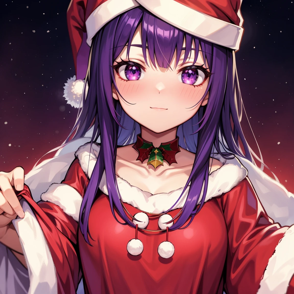 Raven, red jewel on forehead, purple eyes, cute eyes, christmas outfit, christmas, red outfit, santa outfit, santa hat