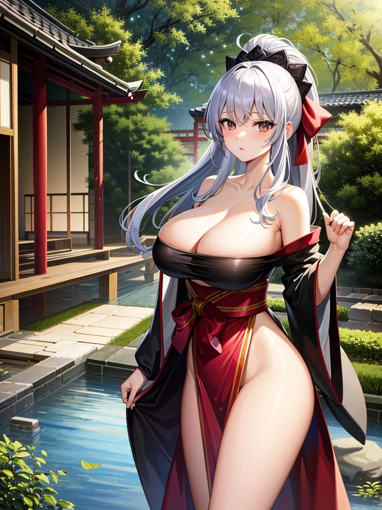 masterpiece、high-level image quality、photographrealistic、a beauty girl、silber hair、Black eyes、Glossy red kimono、Japanese garden、Shiny hair、Longhaire、huge tit、Upper body shots、The wind is blowing naked tits hanging out