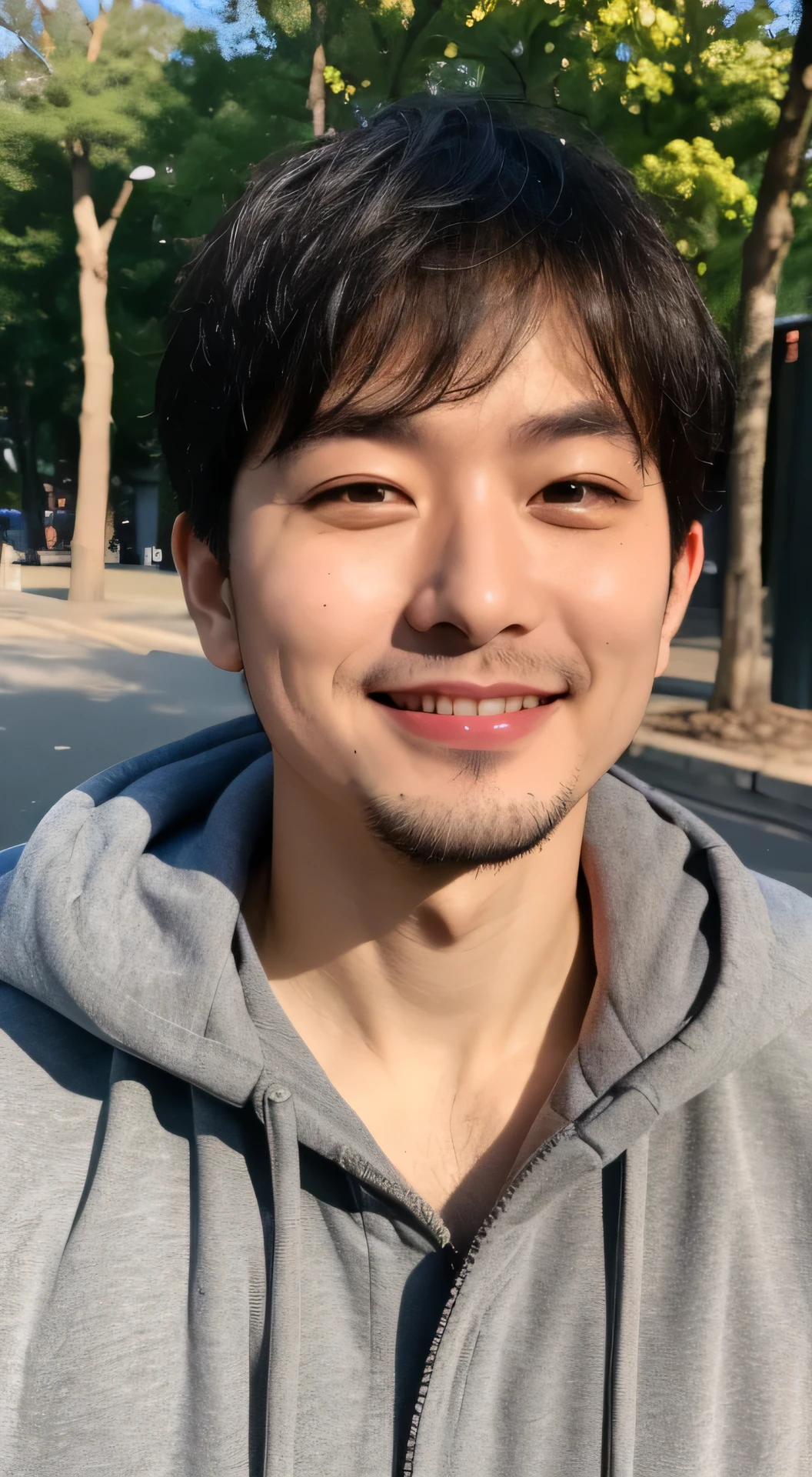 Man Looking At Camera。smil, up to the top of the chest, Park background