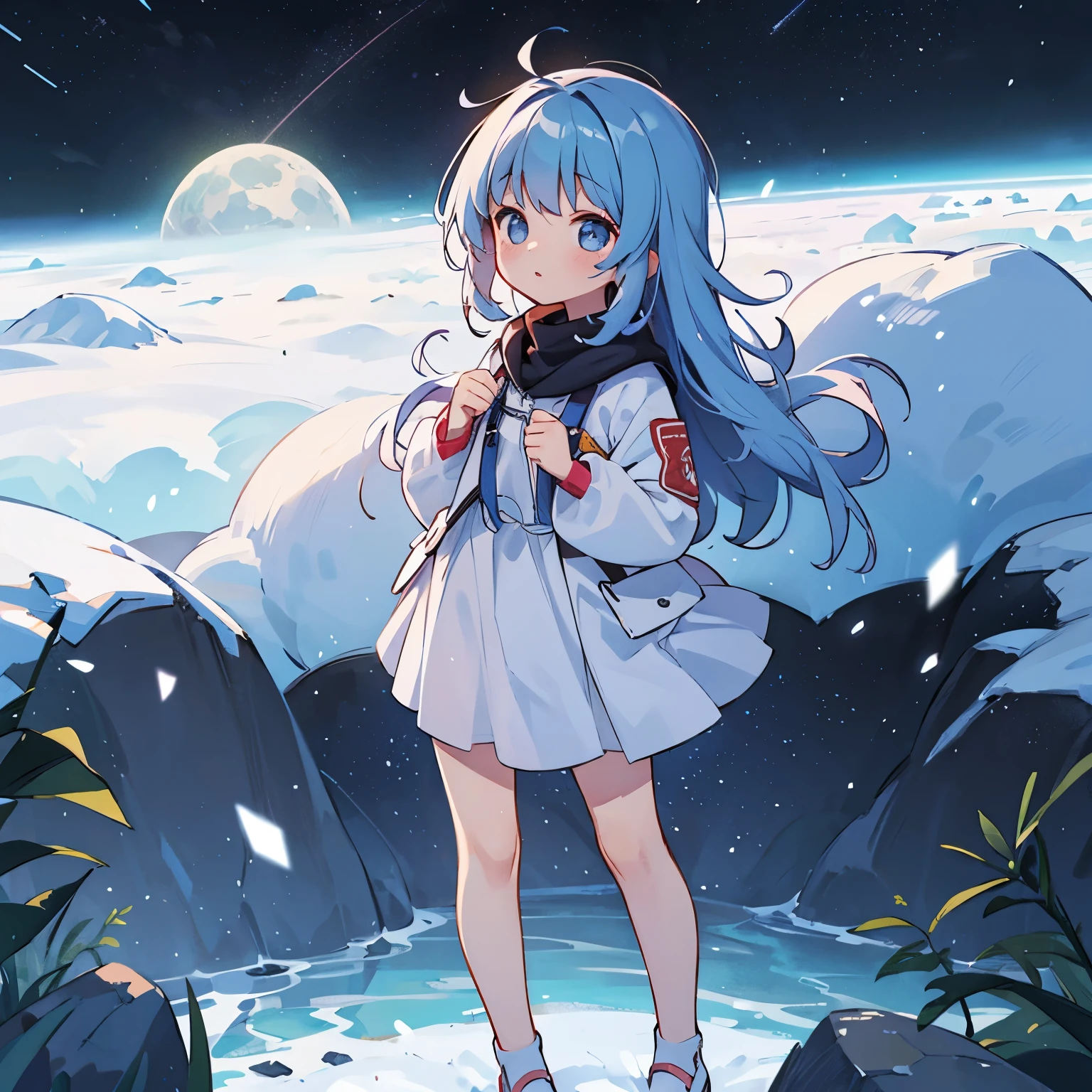 The right half is snowing and the left half is a girl in an eternal summer space.