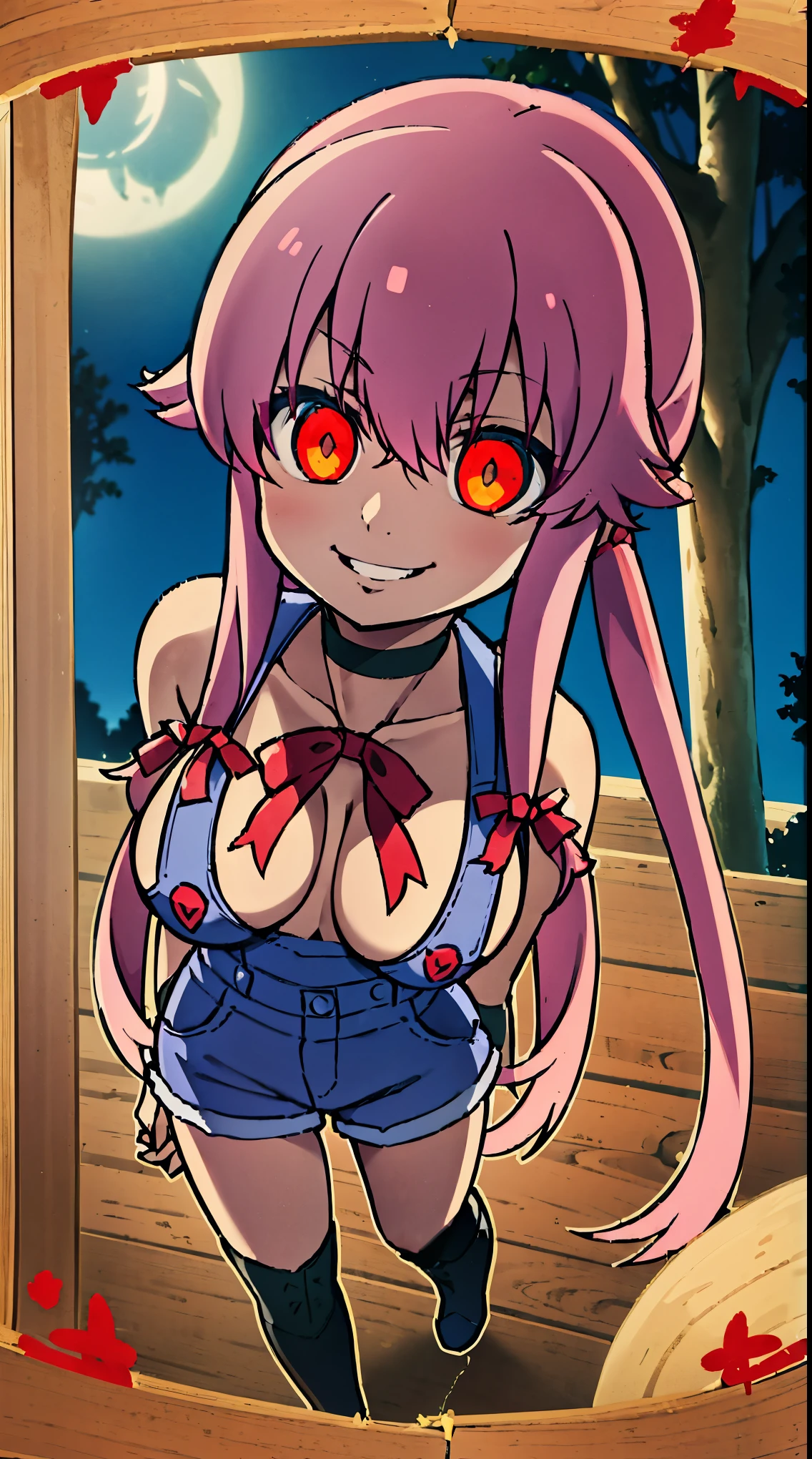 anime_still, masterpiece, best quality, 1girl, Gasai Yuno, long hair, pink hair, low twintails, smile, naked, red eyes, (large breasts:1.5),1girl, black choker, dark grey, overalls, leather gloves, black boots, ((nigth:1.5)), (chasing you through the woods BY yuno gasai), moonlight, blood on floor, horror scane, (evil smile:1.4), (evil eyes:1.6), (horror_movies:1.5), (woods:1.6),(dark:1.7), (out_boors)