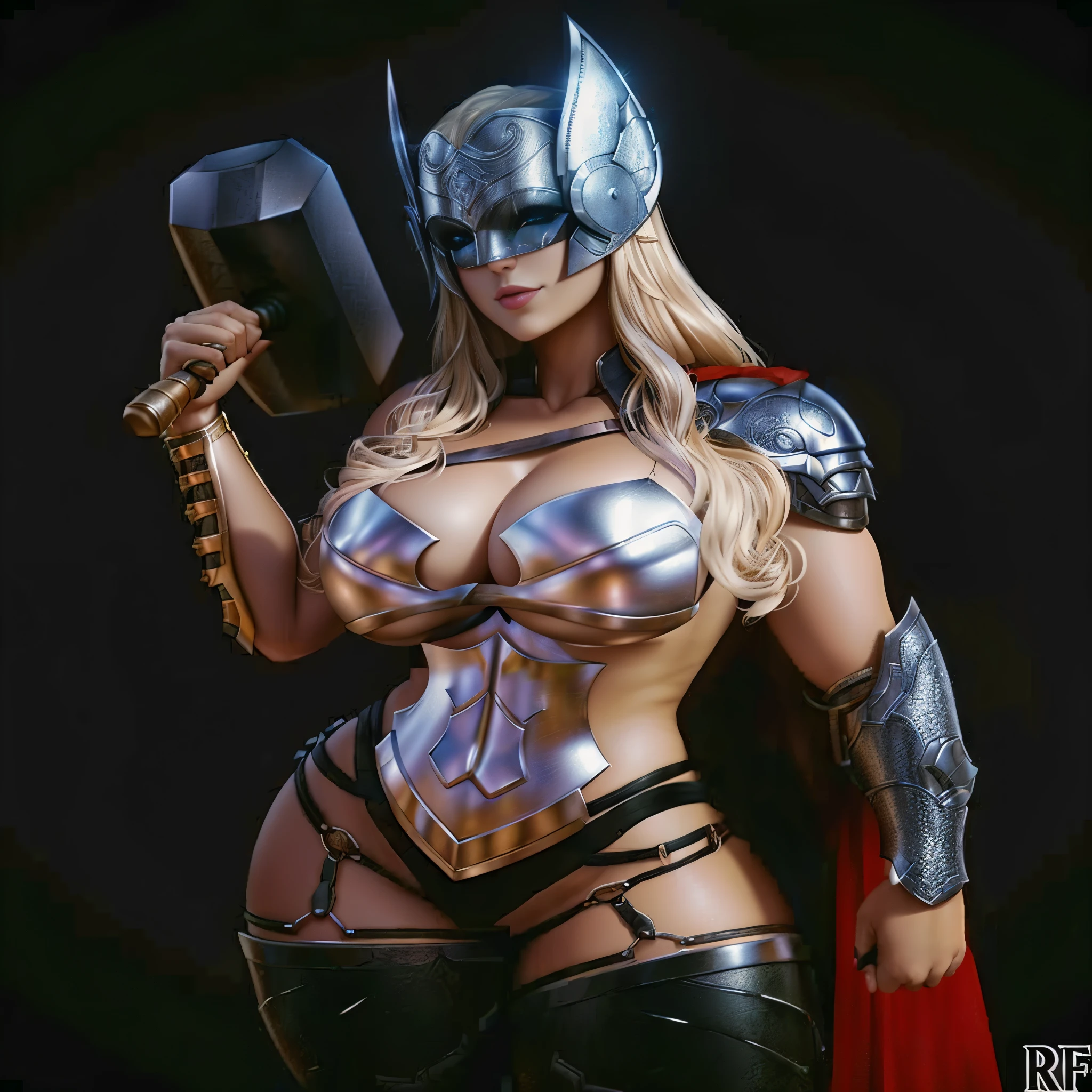 a close up of a woman in a costume holding a hammer, norse goddess, a very beautiful berserker woman, trending artgerm, mjolnir, extremely detailed artgerm, female viking, ig model | artgerm, a sexy blonde warrior, bikini armour, bikini armor, she is ready to fight, thicc build