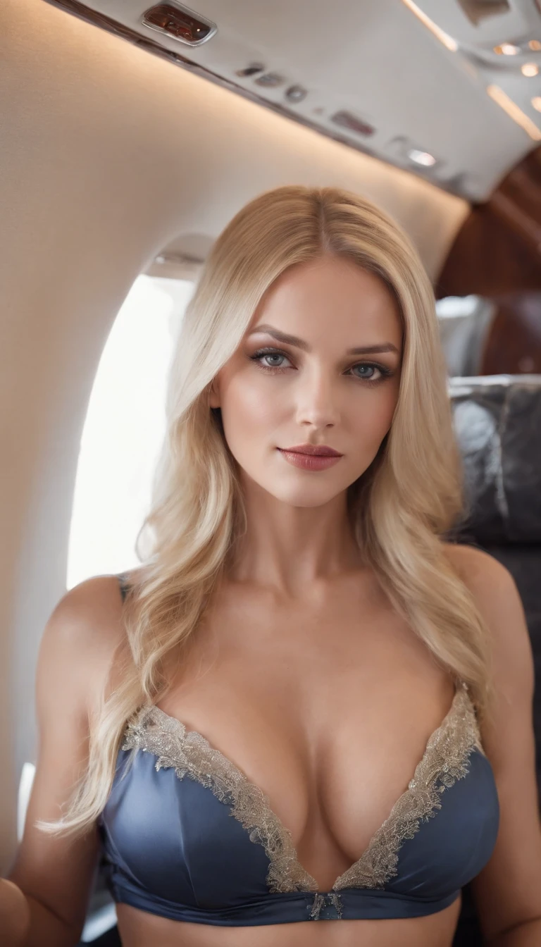 magnifique blonde, Sitting in a private jet, avec un corps parfait, in underwear with a cleavage and a big chest, Champagne in hand, longs cheveux blonds, gros seins, yeux bleus, High Details, photoreallistic