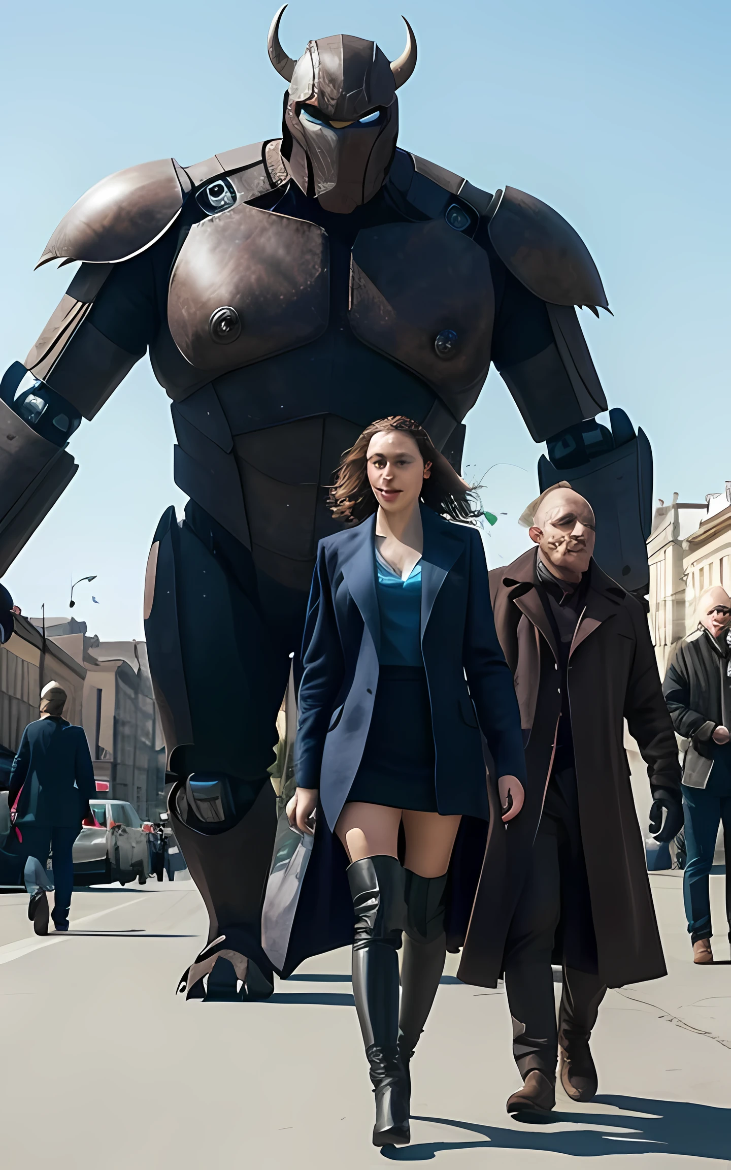 arafed robot standing in a city street with a woman walking by, by Guillermo del Toro, film still of gal gadot, symmetrical dieselpunk warrior, big titan creature in the center, by Slobodan Pejić, filmstill, victorian setting, by Agustín Fernández, rorschach, from the avengers (2012)