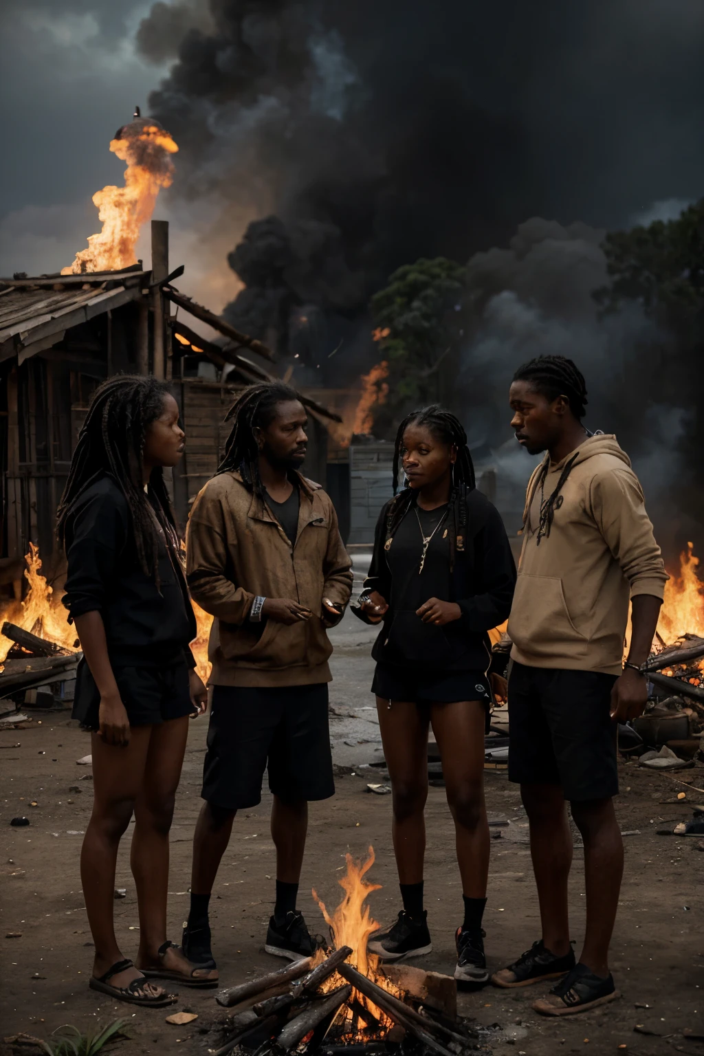 Photorealistic 1.4 Hyperealistic 1.5 Papua new guinea gang of 4 standing around the fire with a kettle 1 is smoking Joint. Wearing hoodies and shorts skin color black, 3 is dread lock hair background is a old building digital art cinematic settlement dressing quality photorealisticHyperealistic